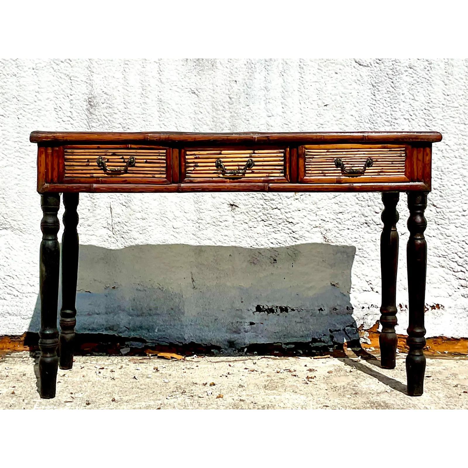 20th Century Vintage Coastal Bamboo Farmhouse Console Table