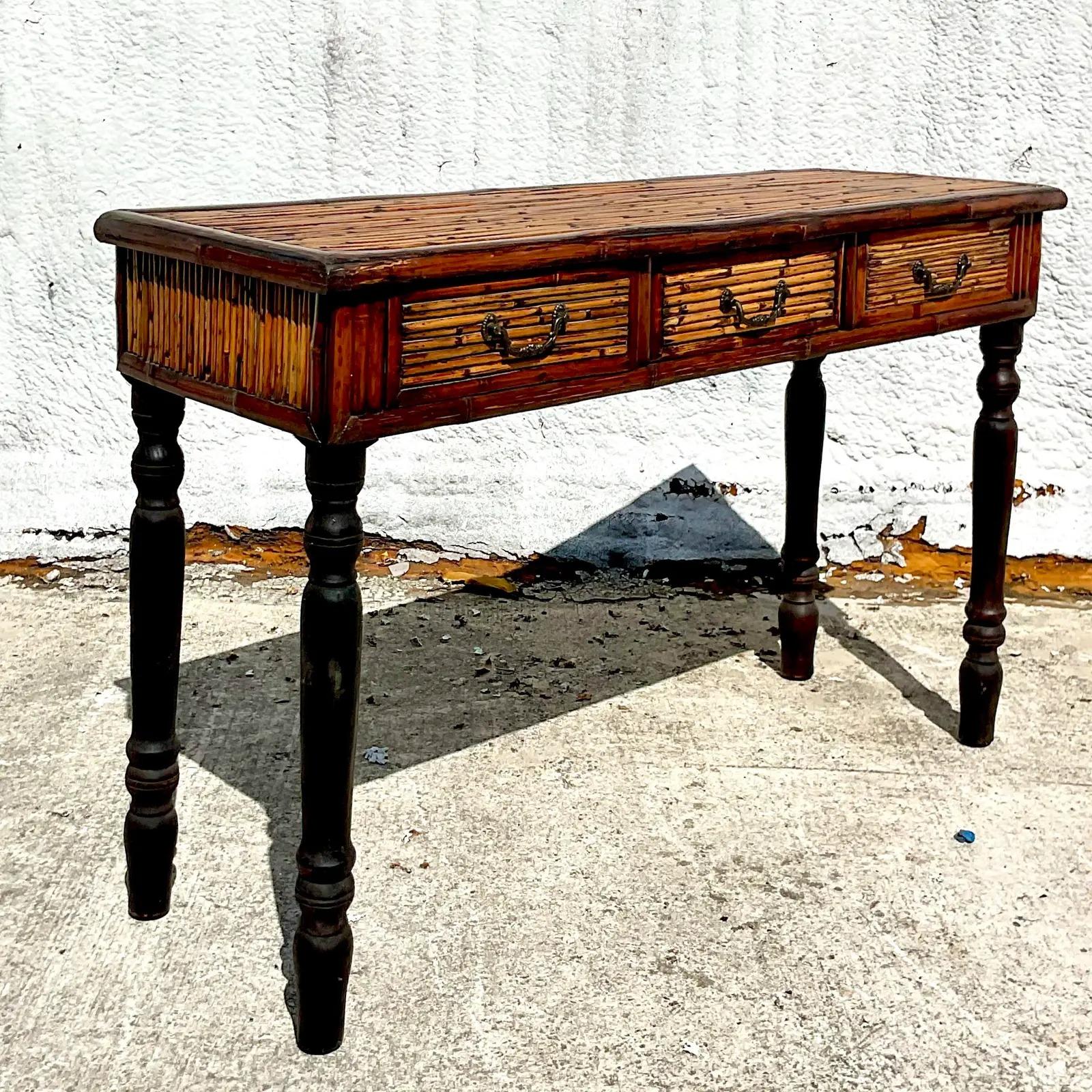 Vintage Coastal Bamboo Farmhouse Console Table 1