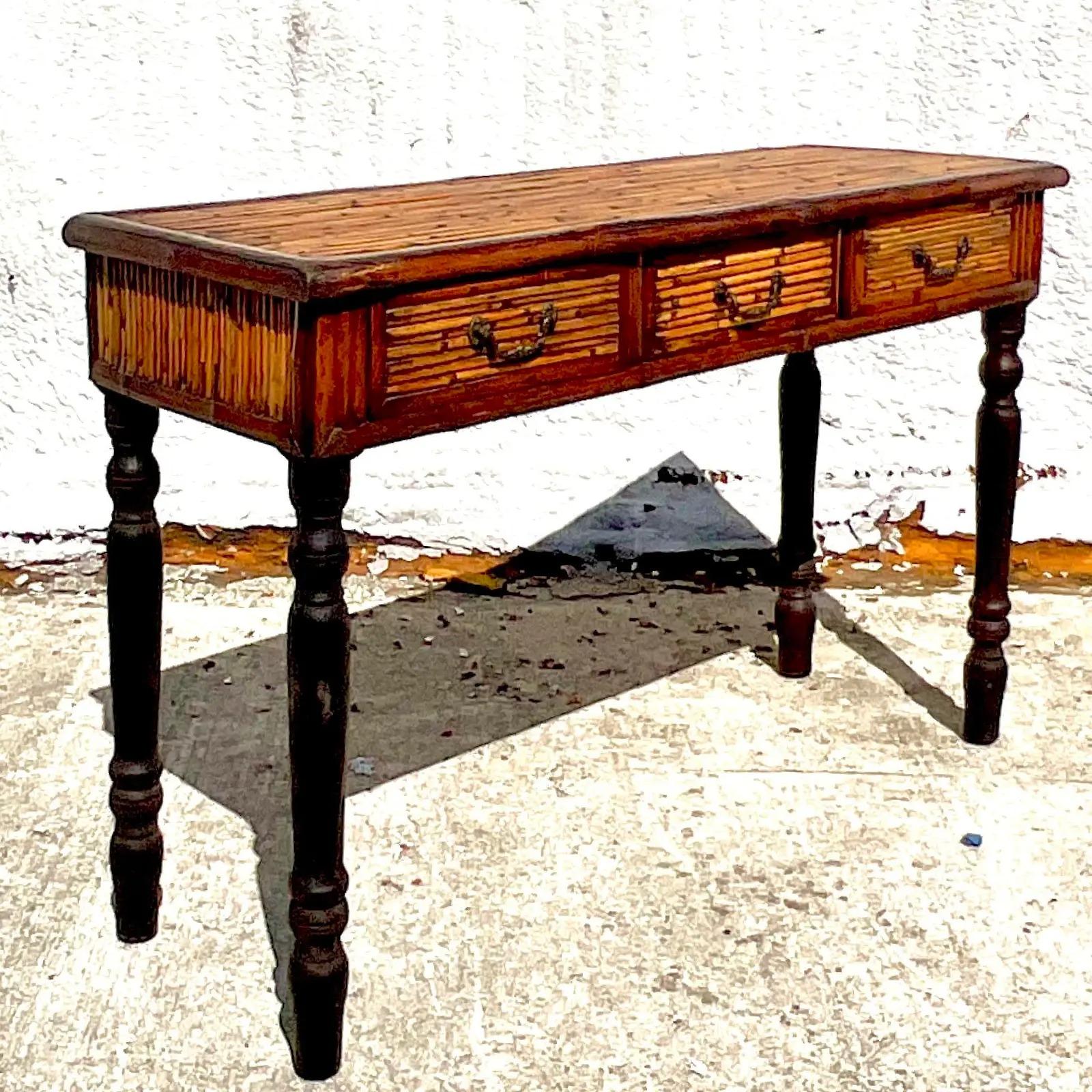 Vintage Coastal Bamboo Farmhouse Console Table 2