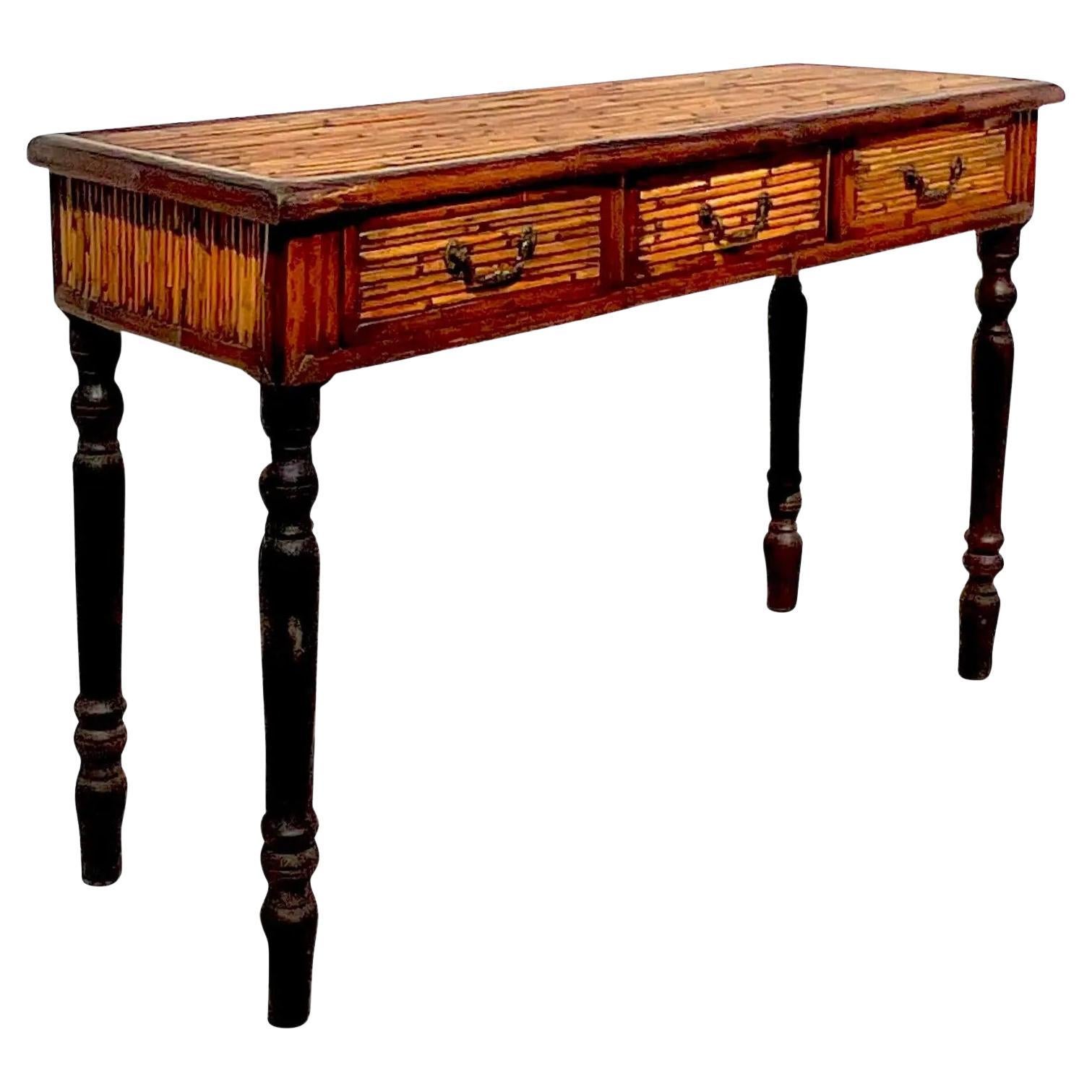 Vintage Coastal Bamboo Farmhouse Console Table