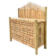 Vintage Coastal Bamboo Flame Tall Credenza