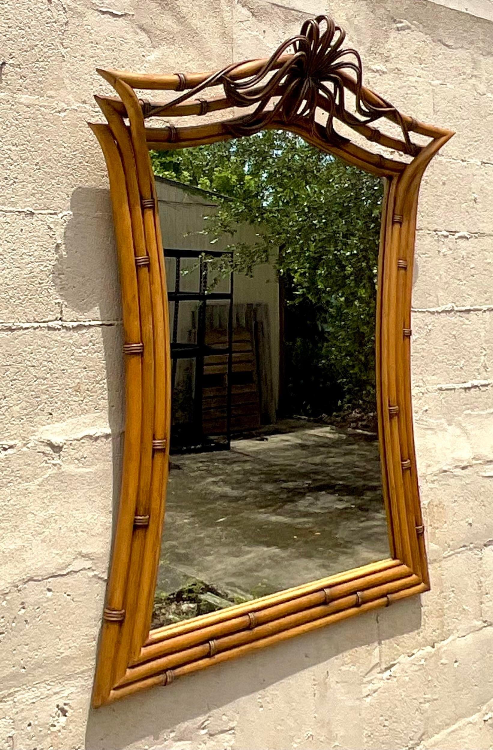20th Century Vintage Coastal Bamboo Frame Mirror For Sale