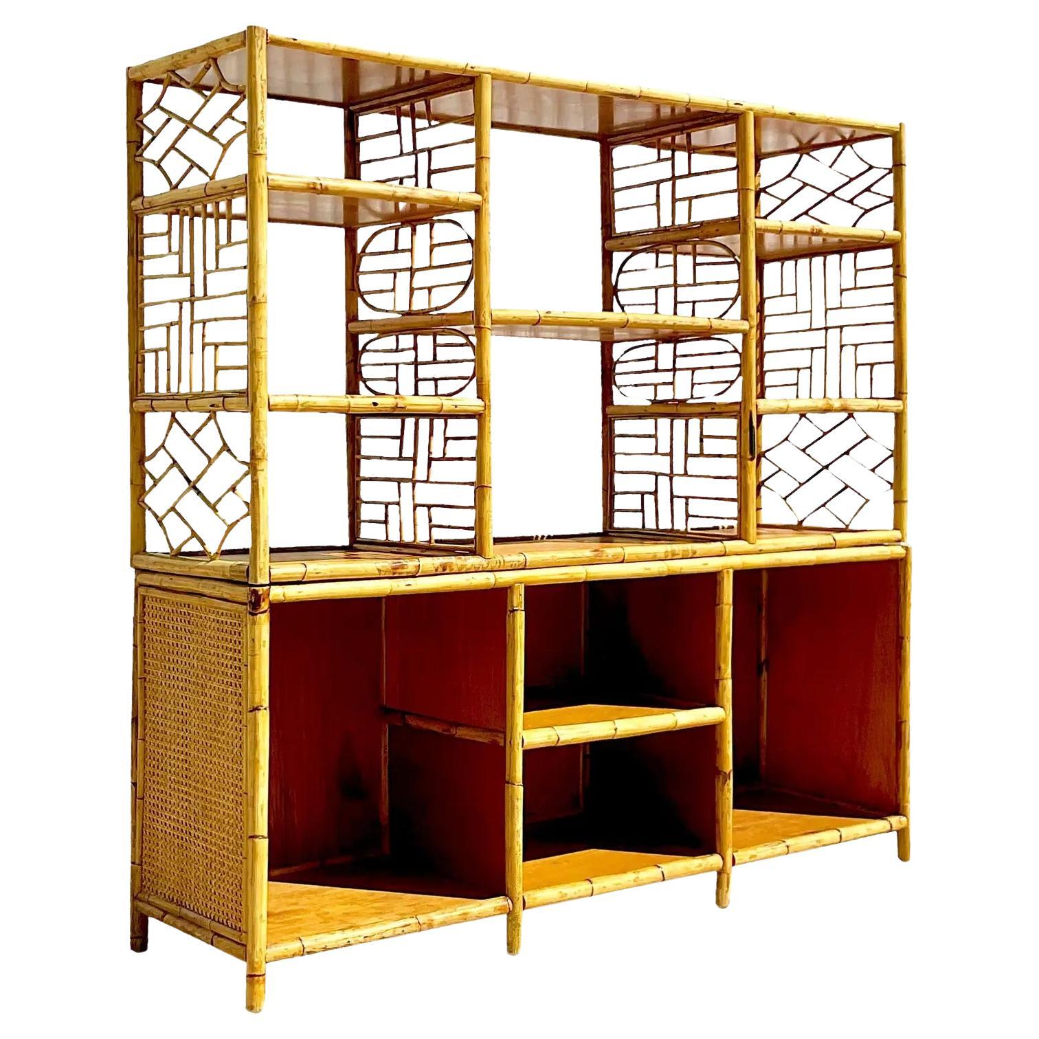 Vintage Coastal Round Bamboo Tabletop Etagere For Sale at 1stDibs