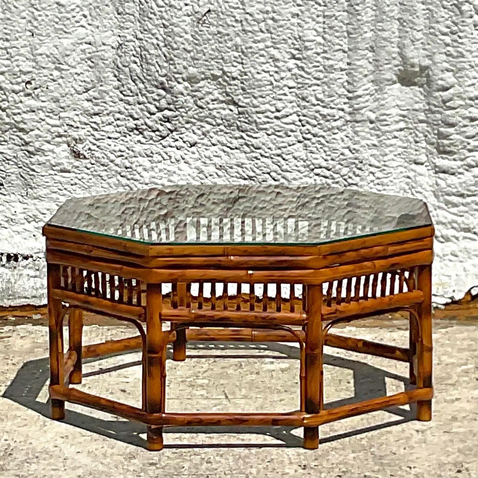 North American Vintage Coastal Bamboo Fretwork Octagon Coffee Table