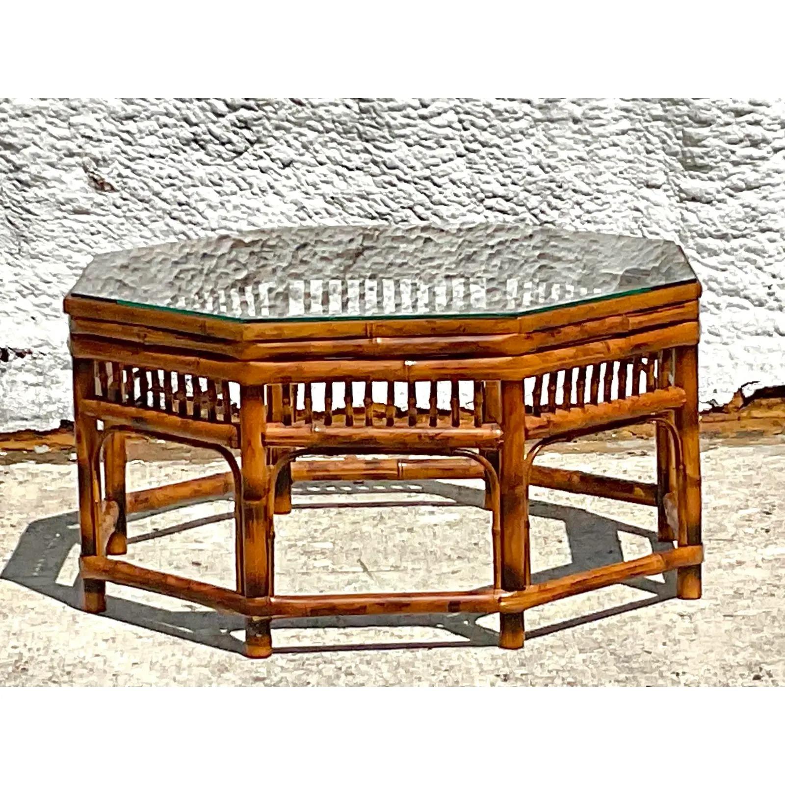 Vintage Coastal Bamboo Fretwork Octagon Coffee Table In Good Condition In west palm beach, FL
