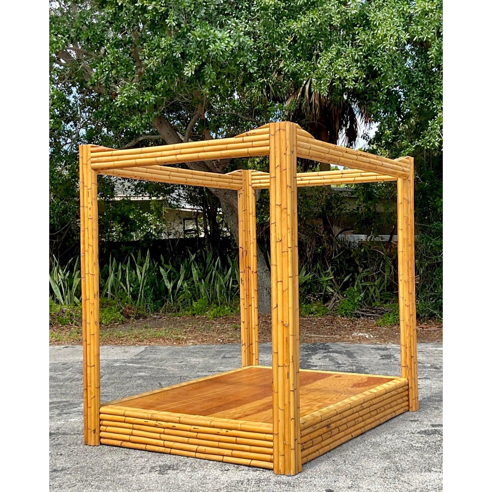 Vintage Coastal Bamboo Full Canopy Bed For Sale 5