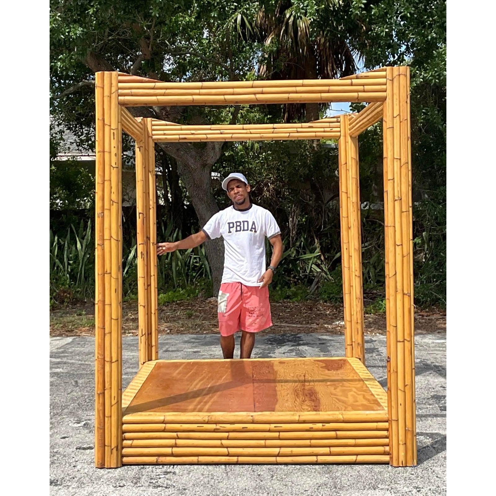 Vintage Coastal Bamboo Full Canopy Bed For Sale 6