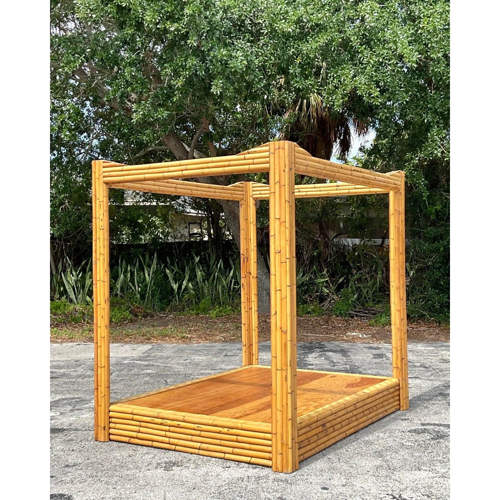Vintage Coastal Bamboo Full Canopy Bed For Sale 8