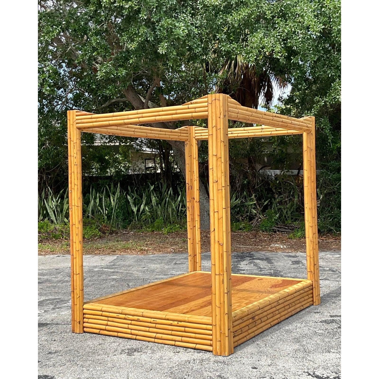Vintage Coastal Bamboo Full Canopy Bed In Good Condition For Sale In west palm beach, FL