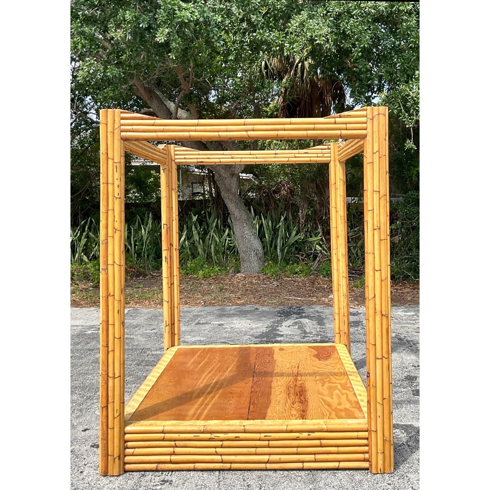 Vintage Coastal Bamboo Full Canopy Bed For Sale 3