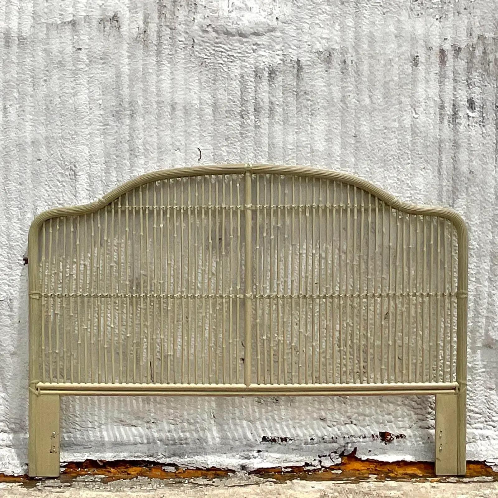Fantastic vintage Coastal King Headboard. A beautiful high back shape with rows of painted bamboo. Perfect as is or easily painted any color you like. Acquired from a Palm Beach estate.