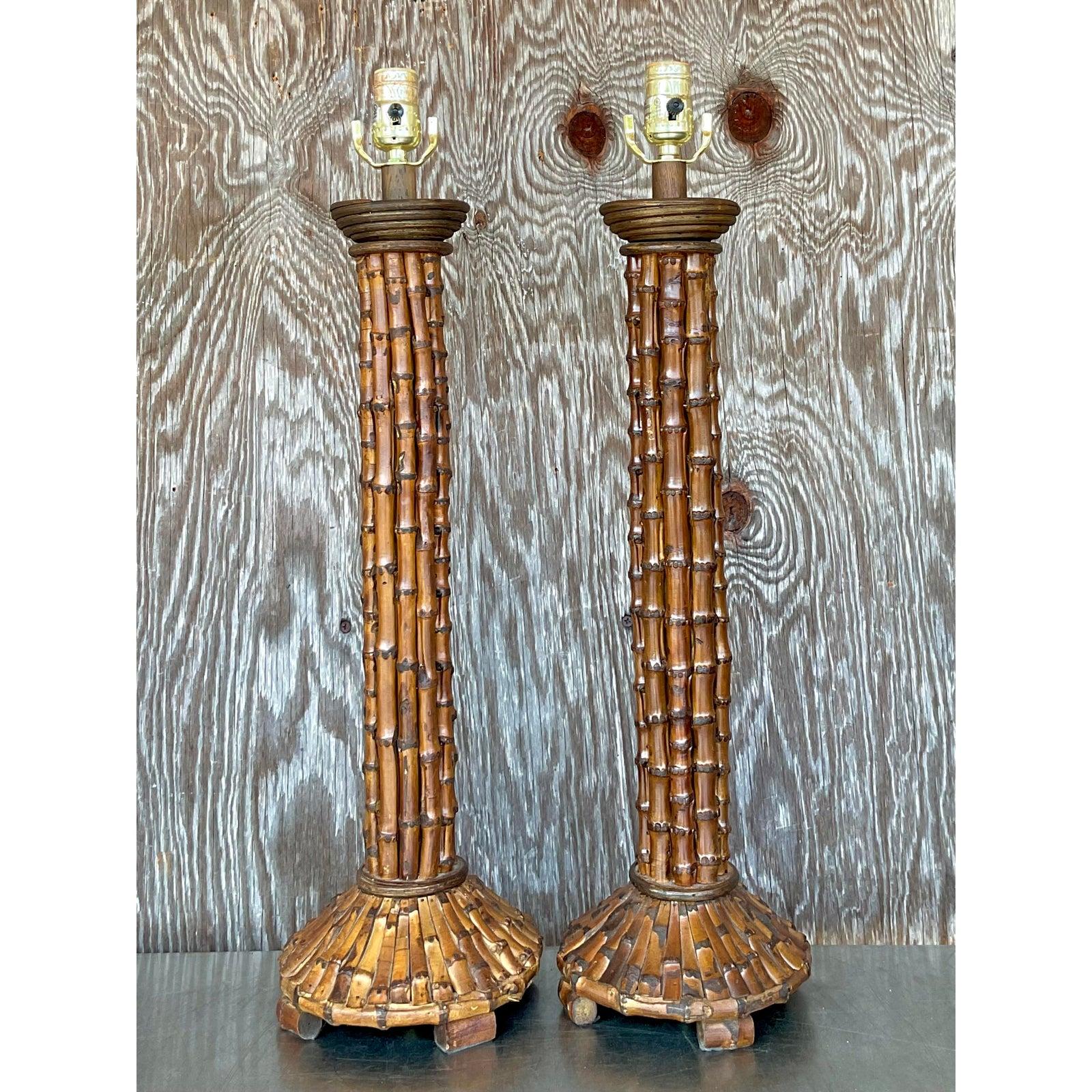 Metal Vintage Coastal Bamboo Lamps - A Pair