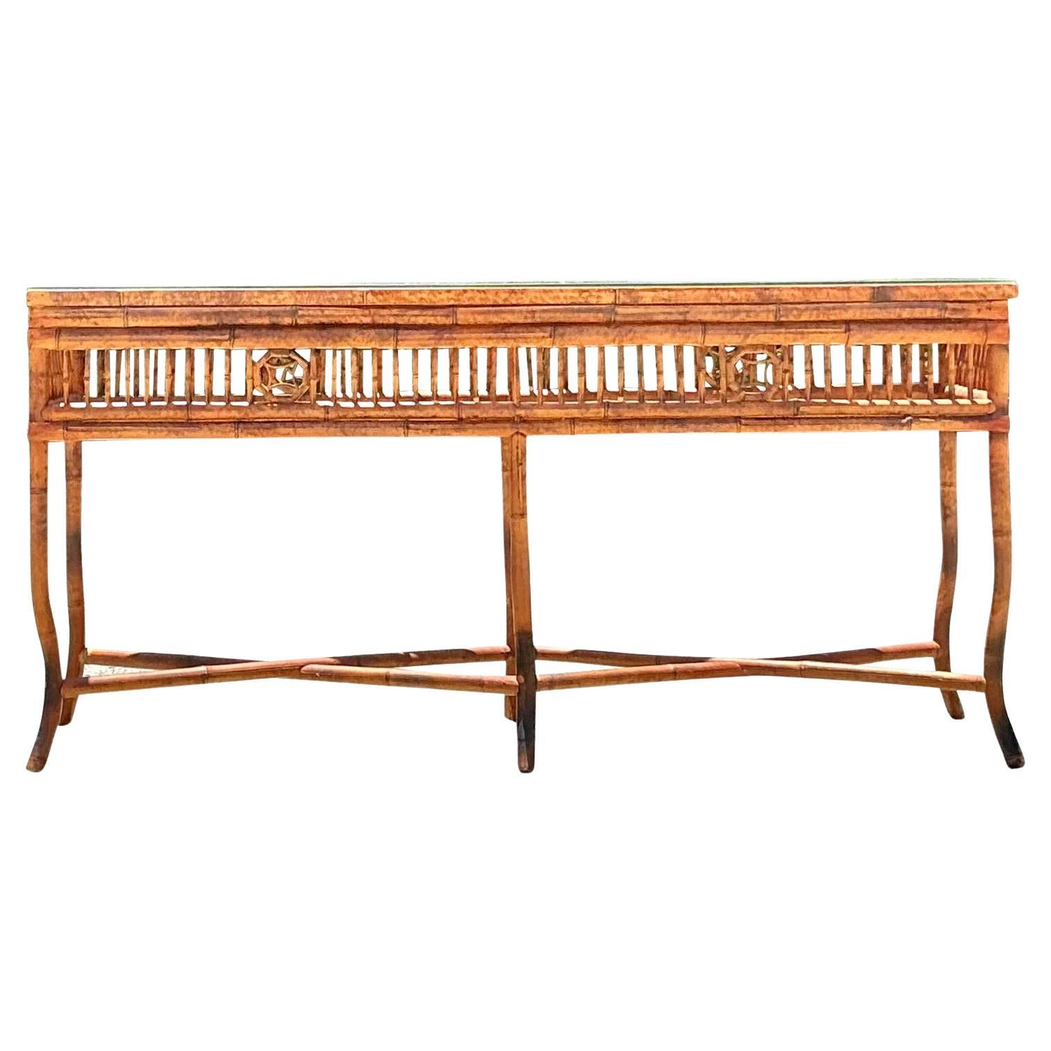 Vintage Coastal Bamboo Medallion Console Table