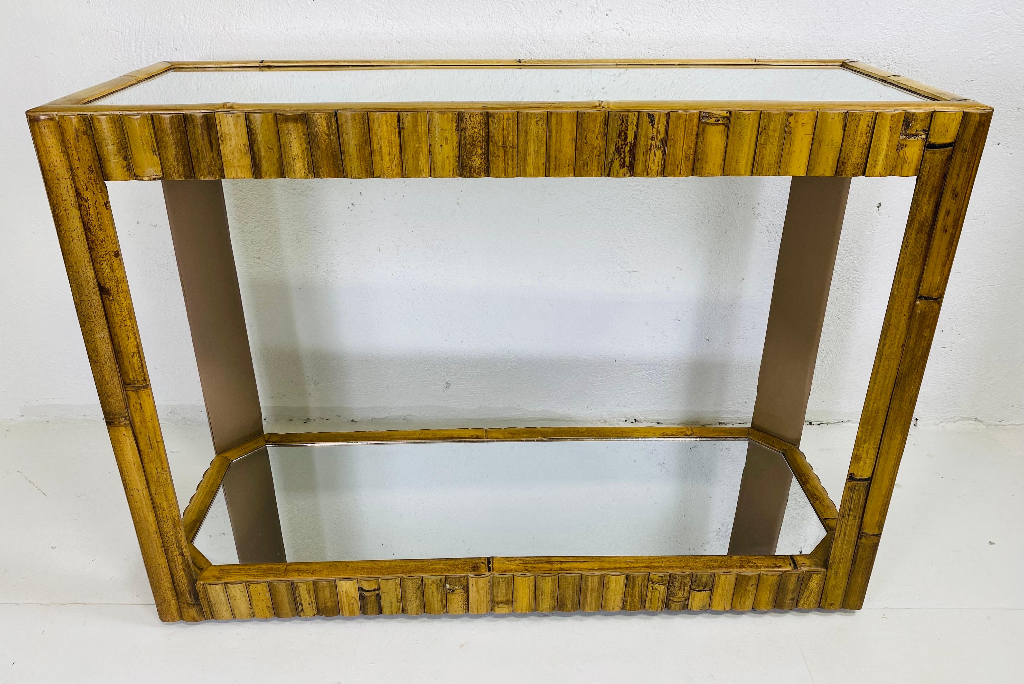Hand-Crafted Vintage coastal bamboo mirrored console For Sale