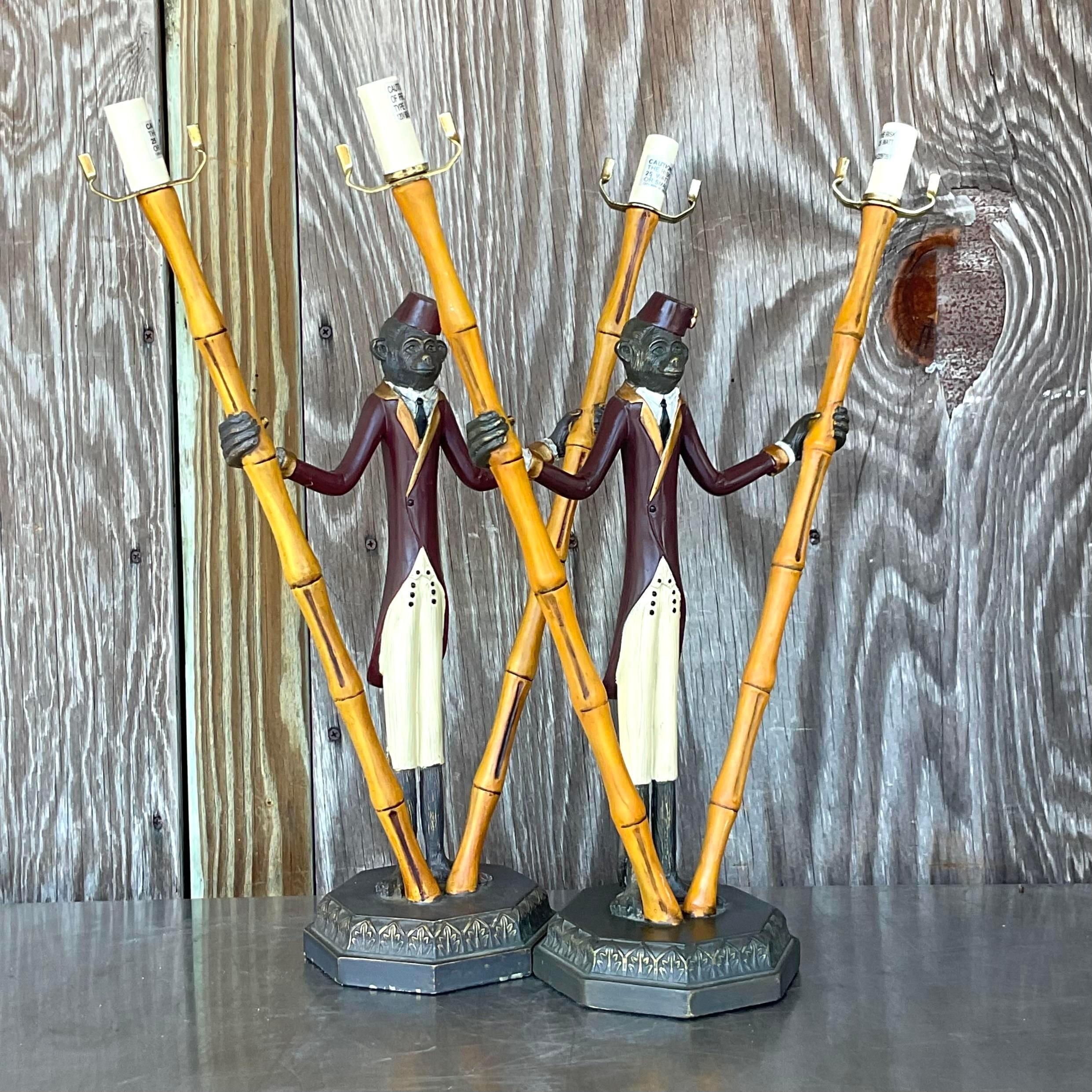 Vintage Coastal Bamboo Monkey Lamps - a Pair In Good Condition For Sale In west palm beach, FL