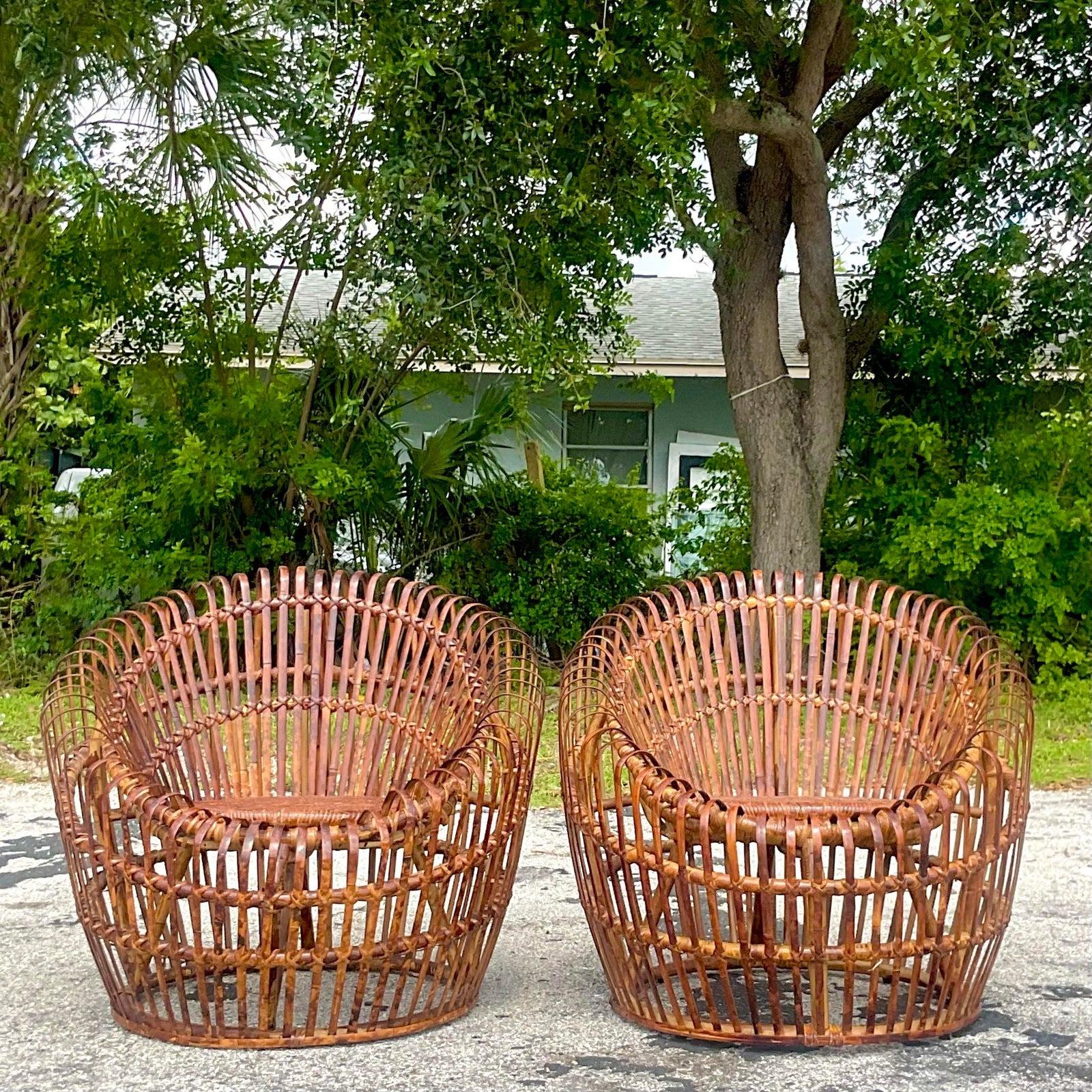 Philippine Vintage Coastal Bamboo Ribbons Pod Chairs - a Pair