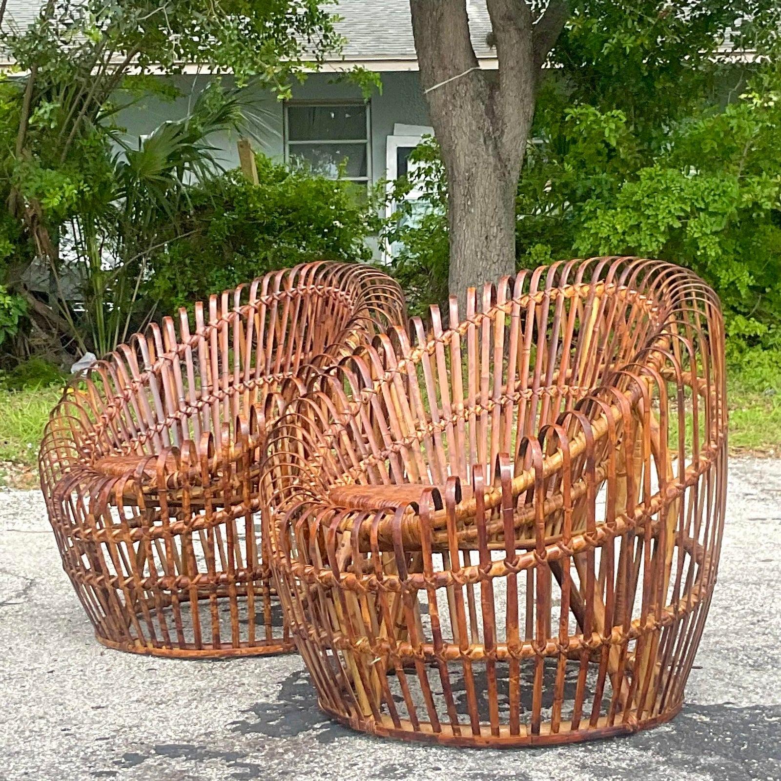 Vintage Coastal Bamboo Ribbons Pod Chairs - a Pair In Good Condition In west palm beach, FL