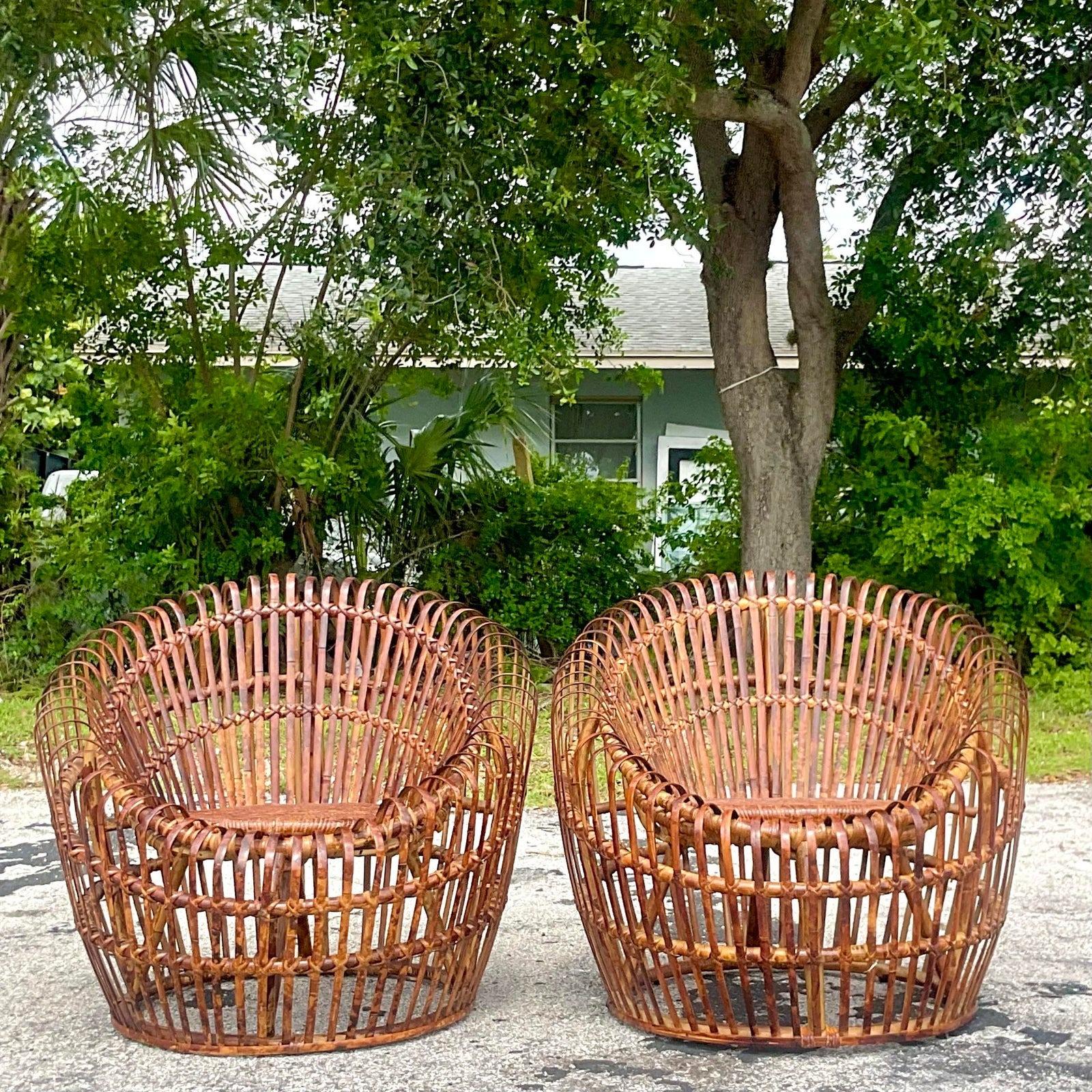 20th Century Vintage Coastal Bamboo Ribbons Pod Chairs - a Pair