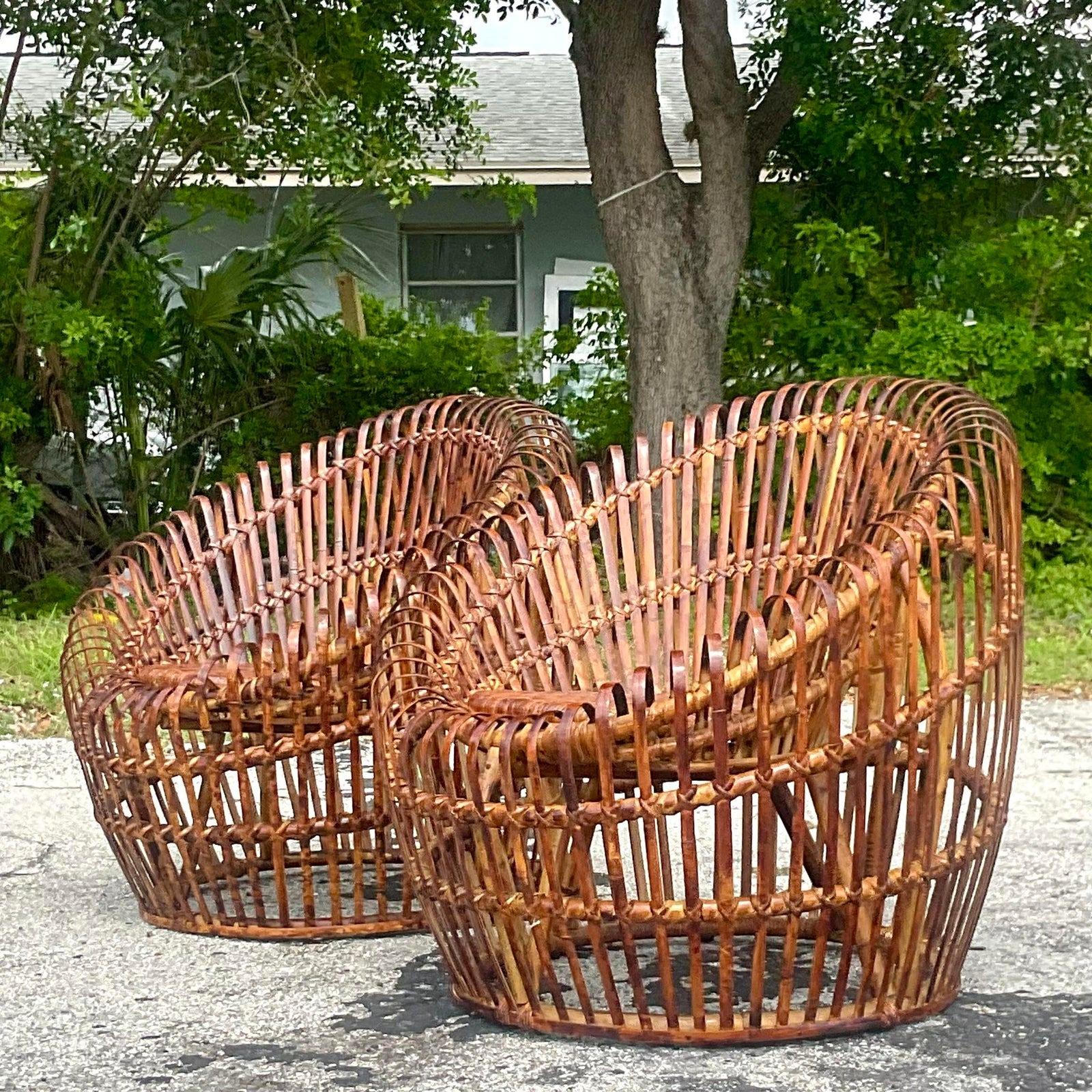 Vintage Coastal Bamboo Ribbons Pod Chairs - a Pair 1