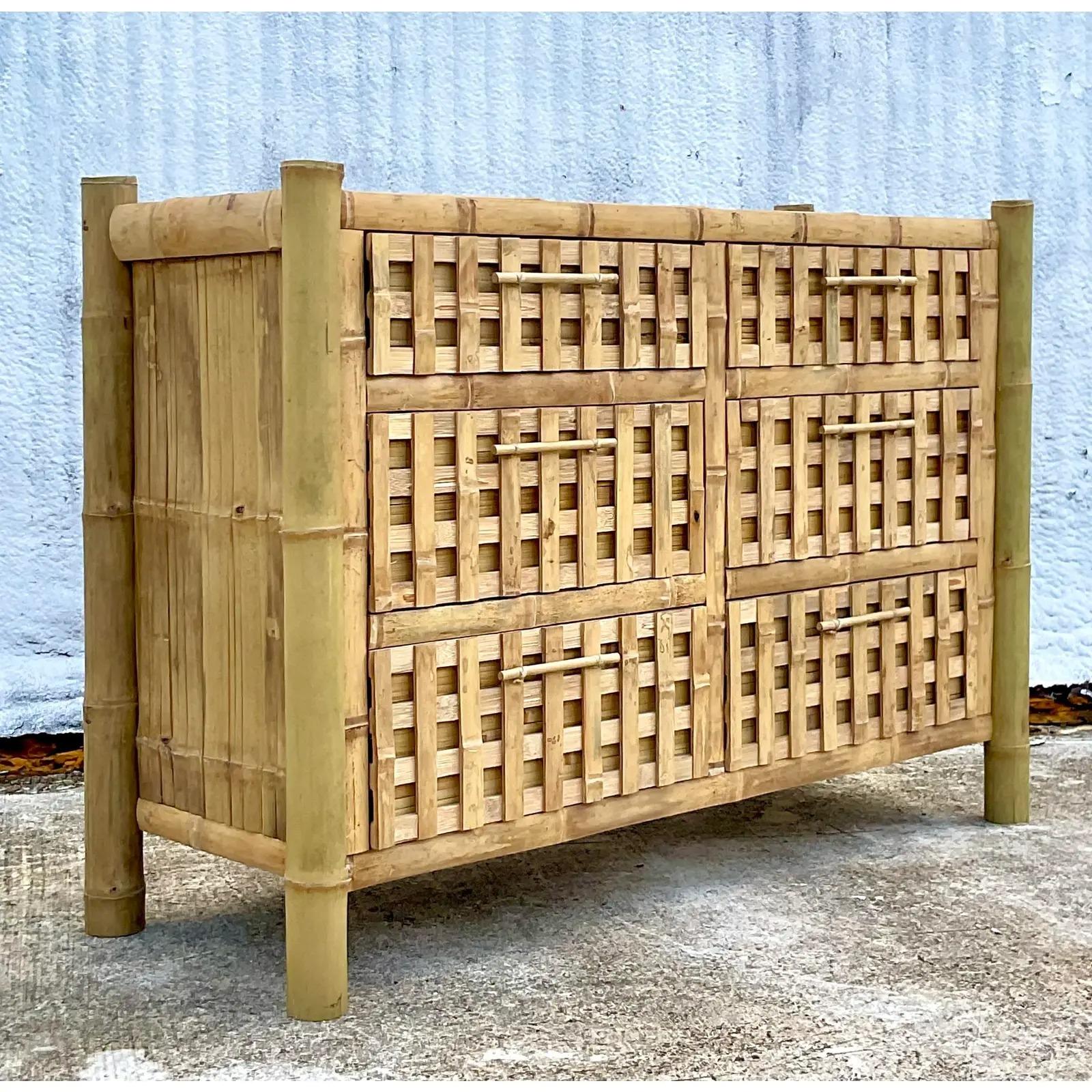 Philippine Vintage Coastal Bamboo Six Drawer Dresser