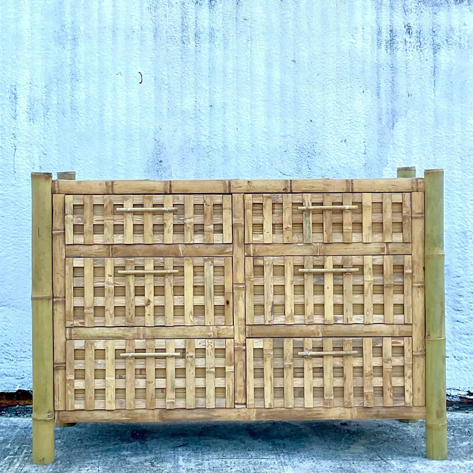 20th Century Vintage Coastal Bamboo Six Drawer Dresser