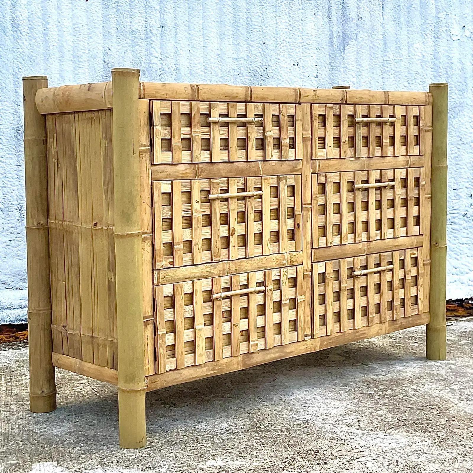 Vintage Coastal Bamboo Six Drawer Dresser 1