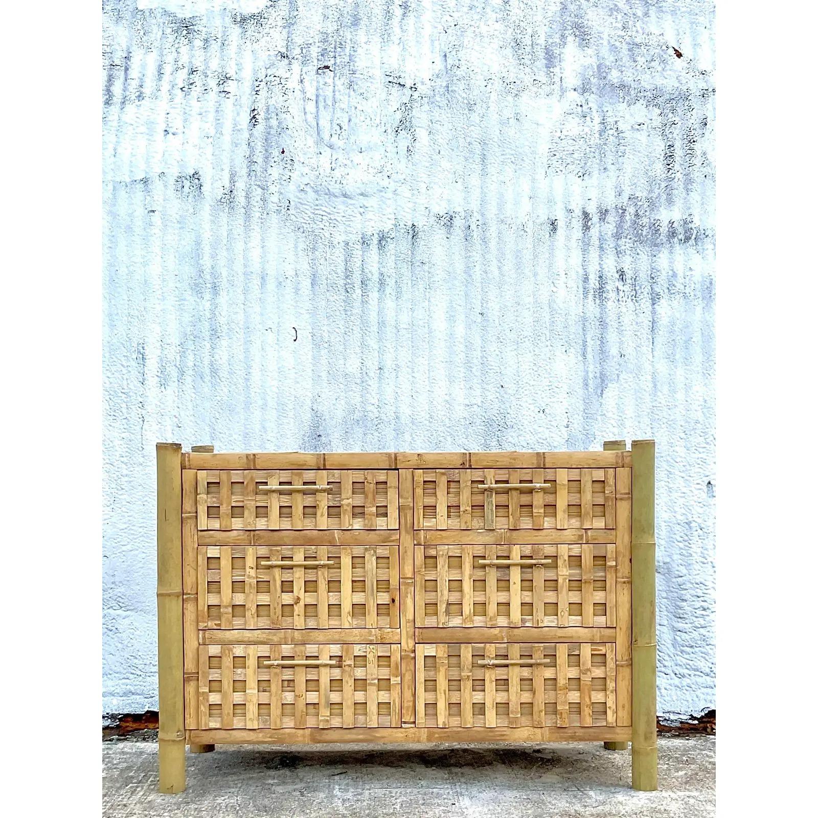 Vintage Coastal Bamboo Six Drawer Dresser 2