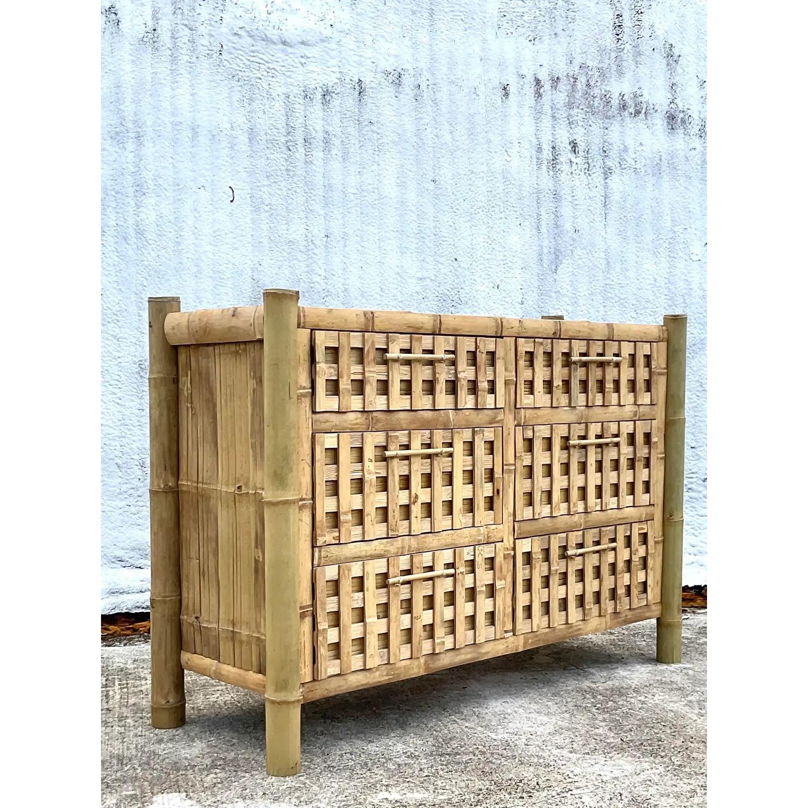 Vintage Coastal Bamboo Six Drawer Dresser 4