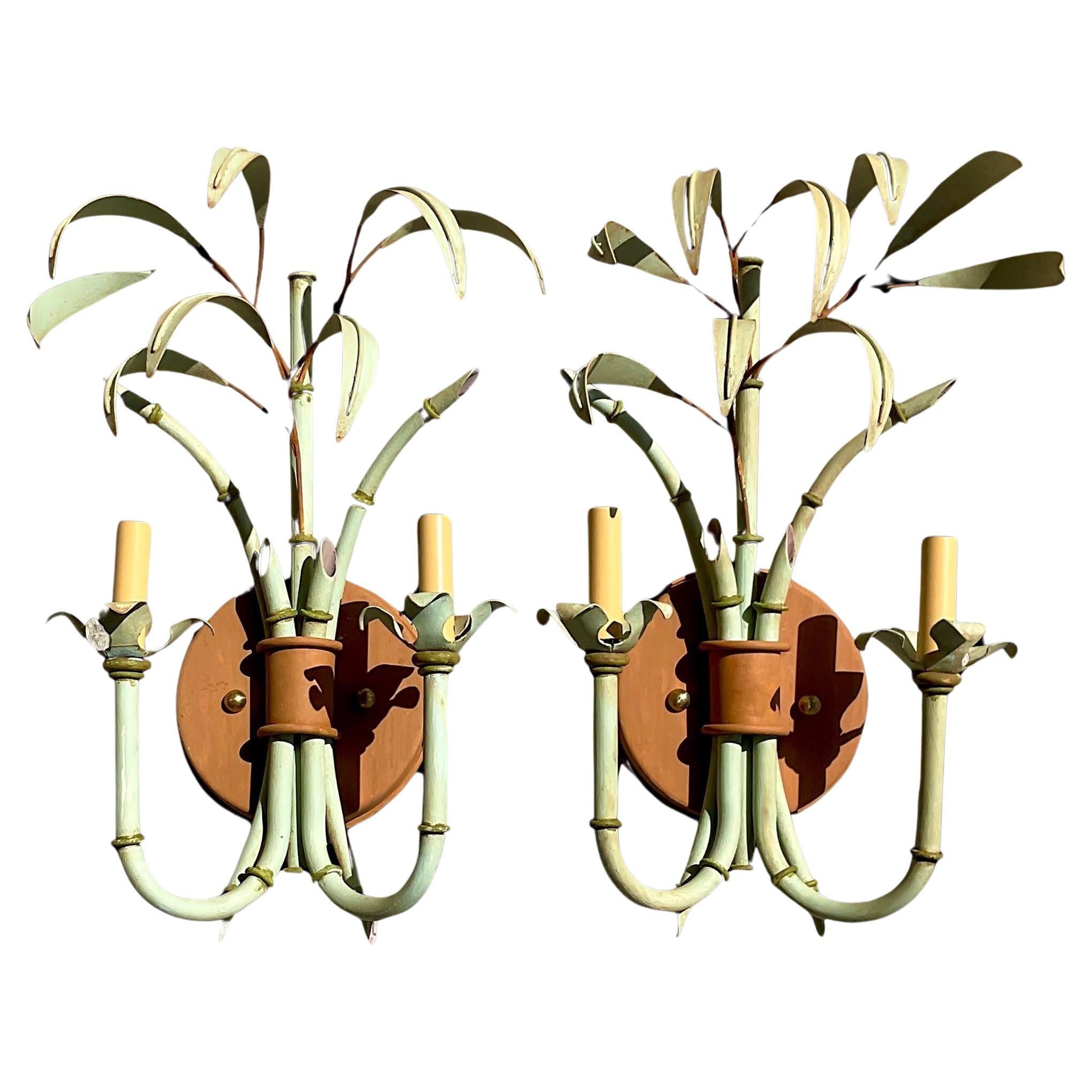 Vintage Coastal Bamboo Tole Wall Sconces - a Pair For Sale