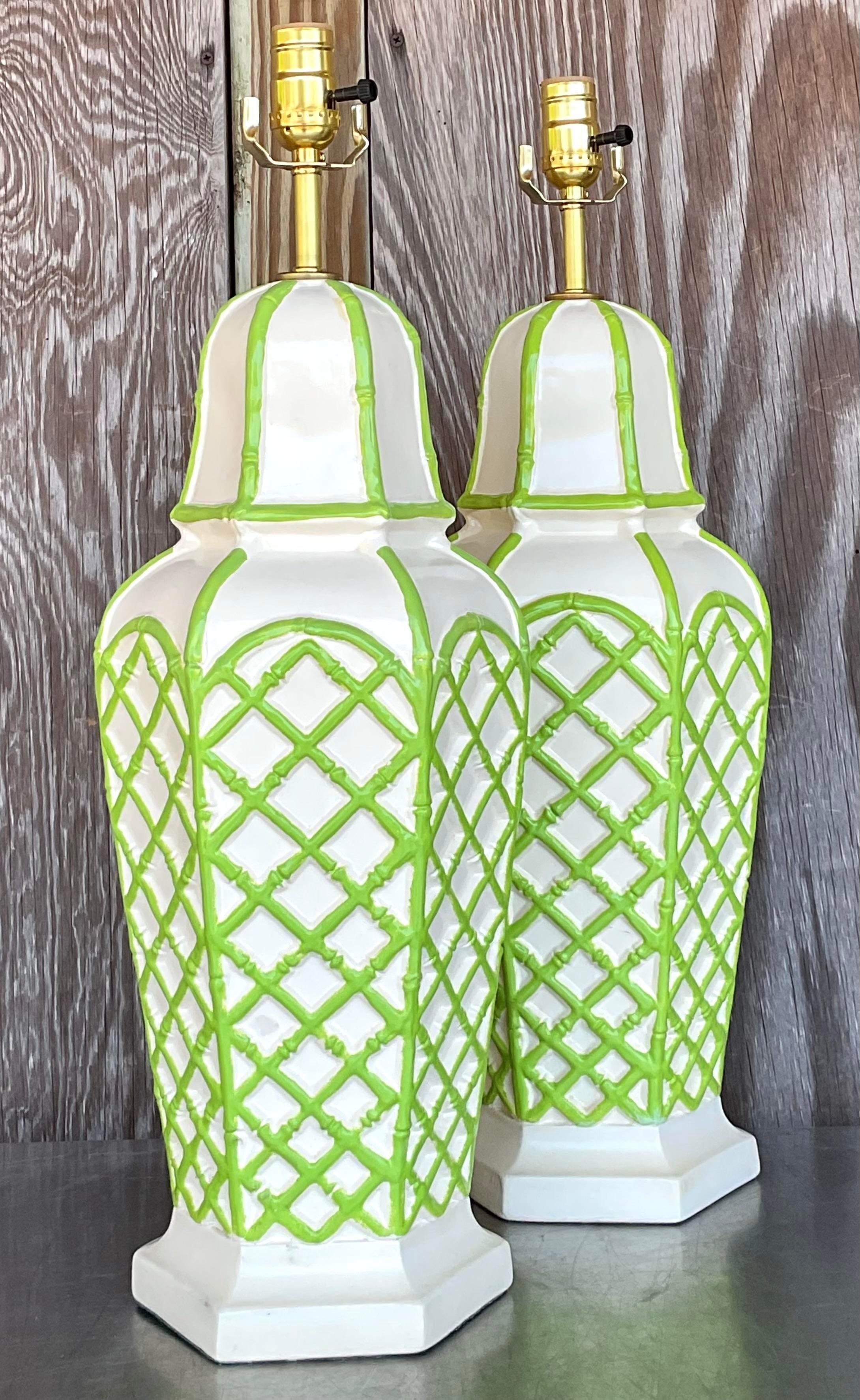Mid-Century Modern Vintage Coastal Bamboo Trellis Glazed Ceramic Lamps - a Pair For Sale