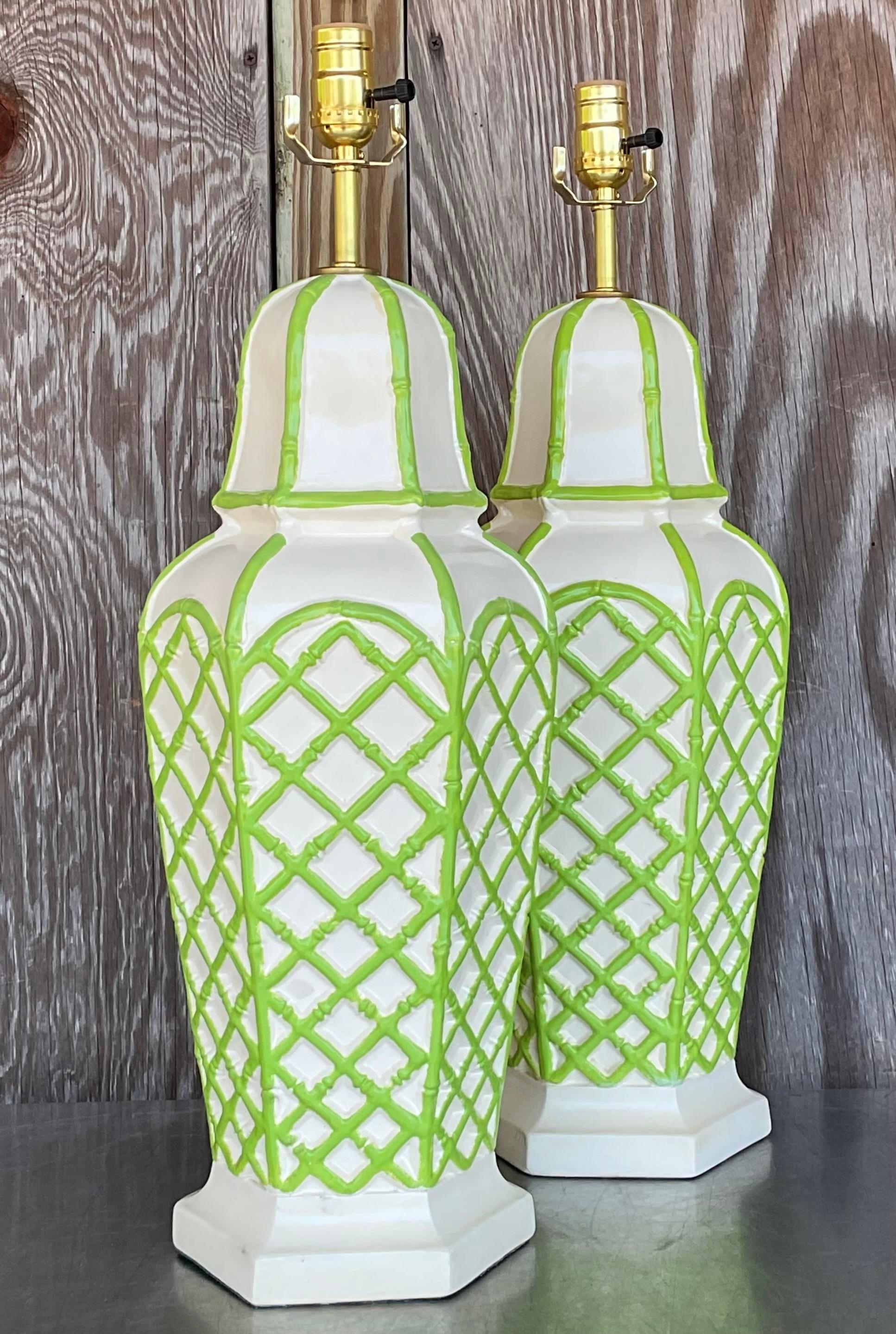 American Vintage Coastal Bamboo Trellis Glazed Ceramic Lamps - a Pair For Sale