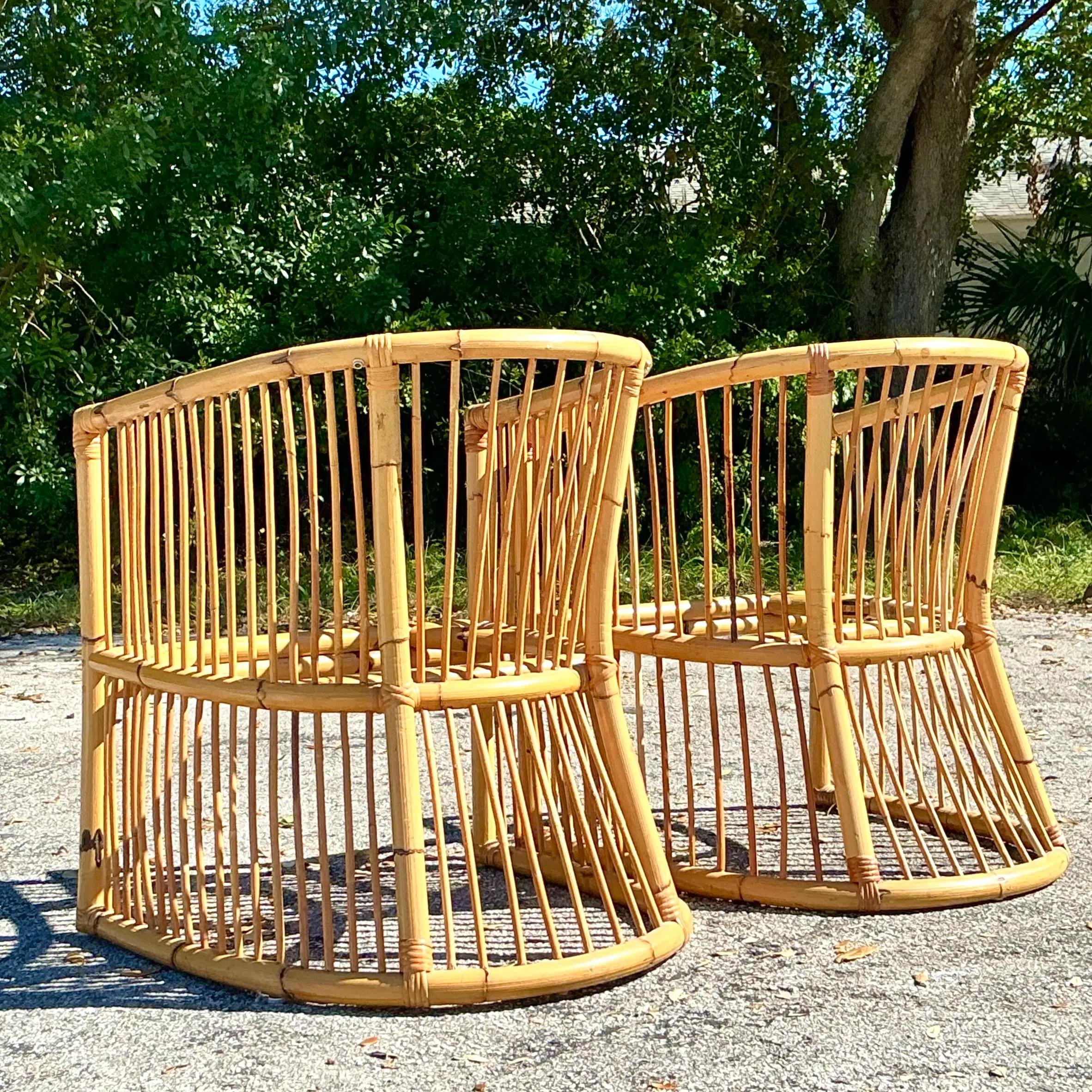 Vintage Coastal Bamboo Tub Chairs - a Pair In Good Condition For Sale In west palm beach, FL