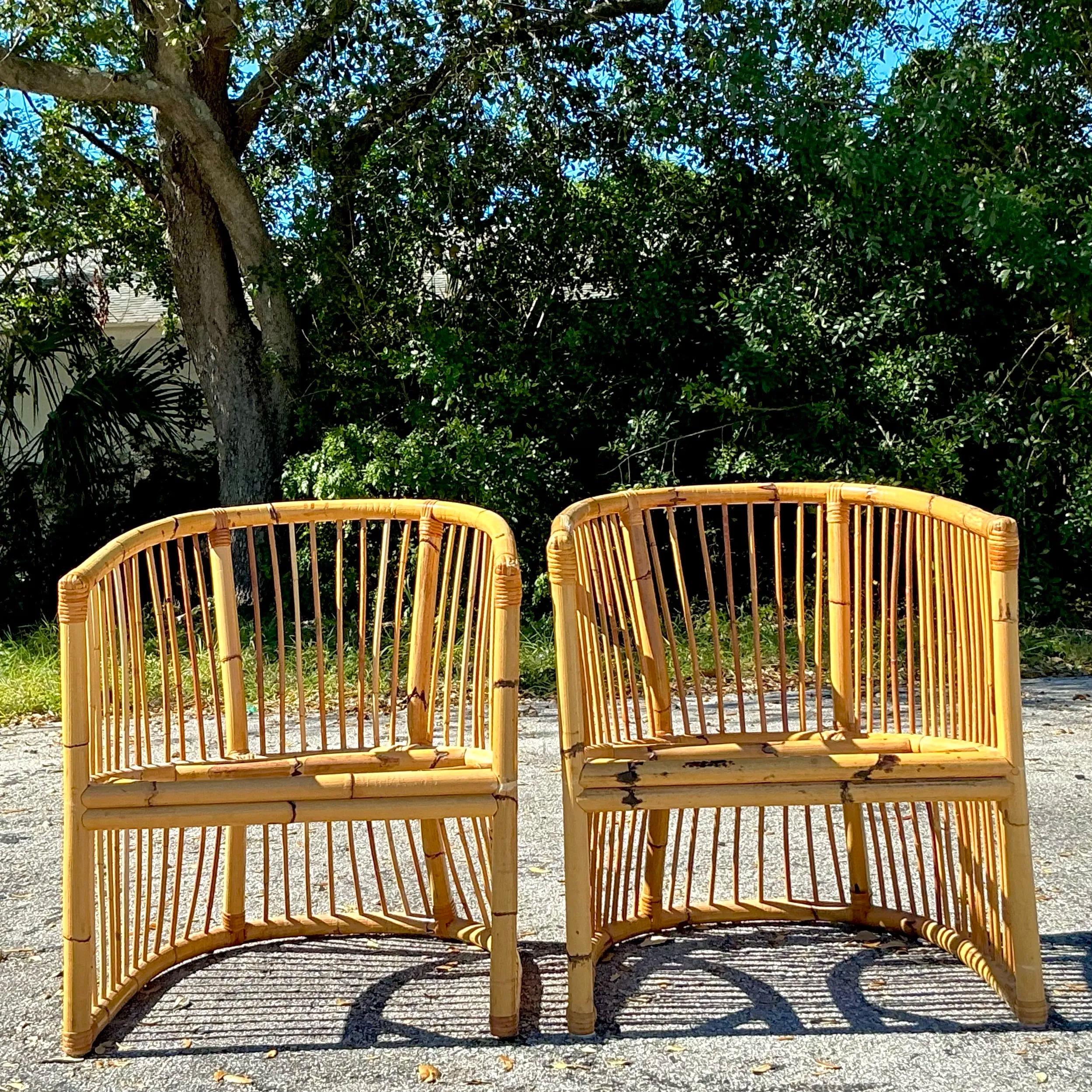 Upholstery Vintage Coastal Bamboo Tub Chairs - a Pair For Sale