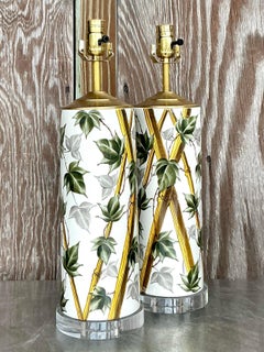 Vintage Coastal Bamboo Vine Glazed Ceramic Lamps - a Pair