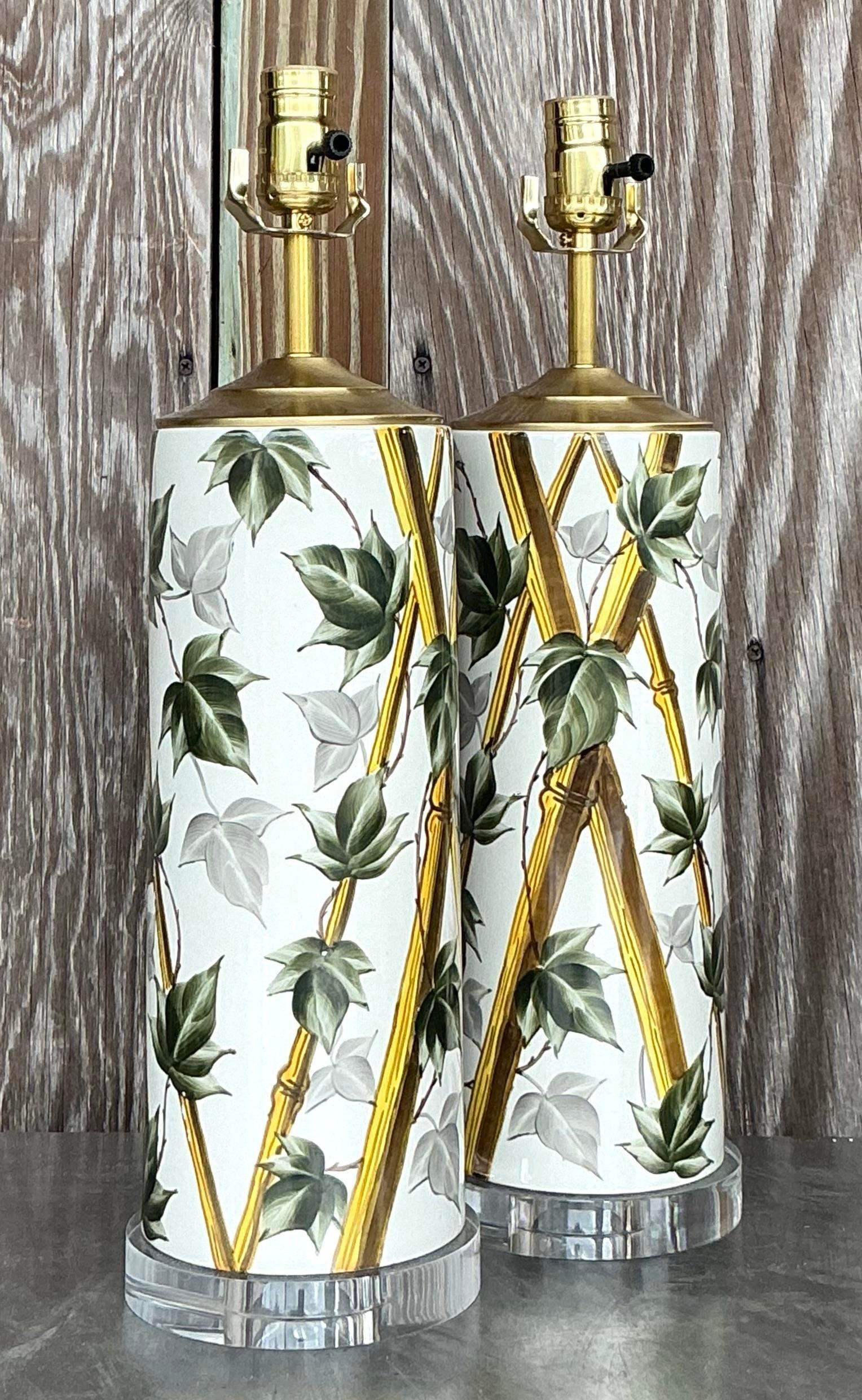 American Vintage Coastal Bamboo Vine Glazed Ceramic Lamps - a Pair For Sale