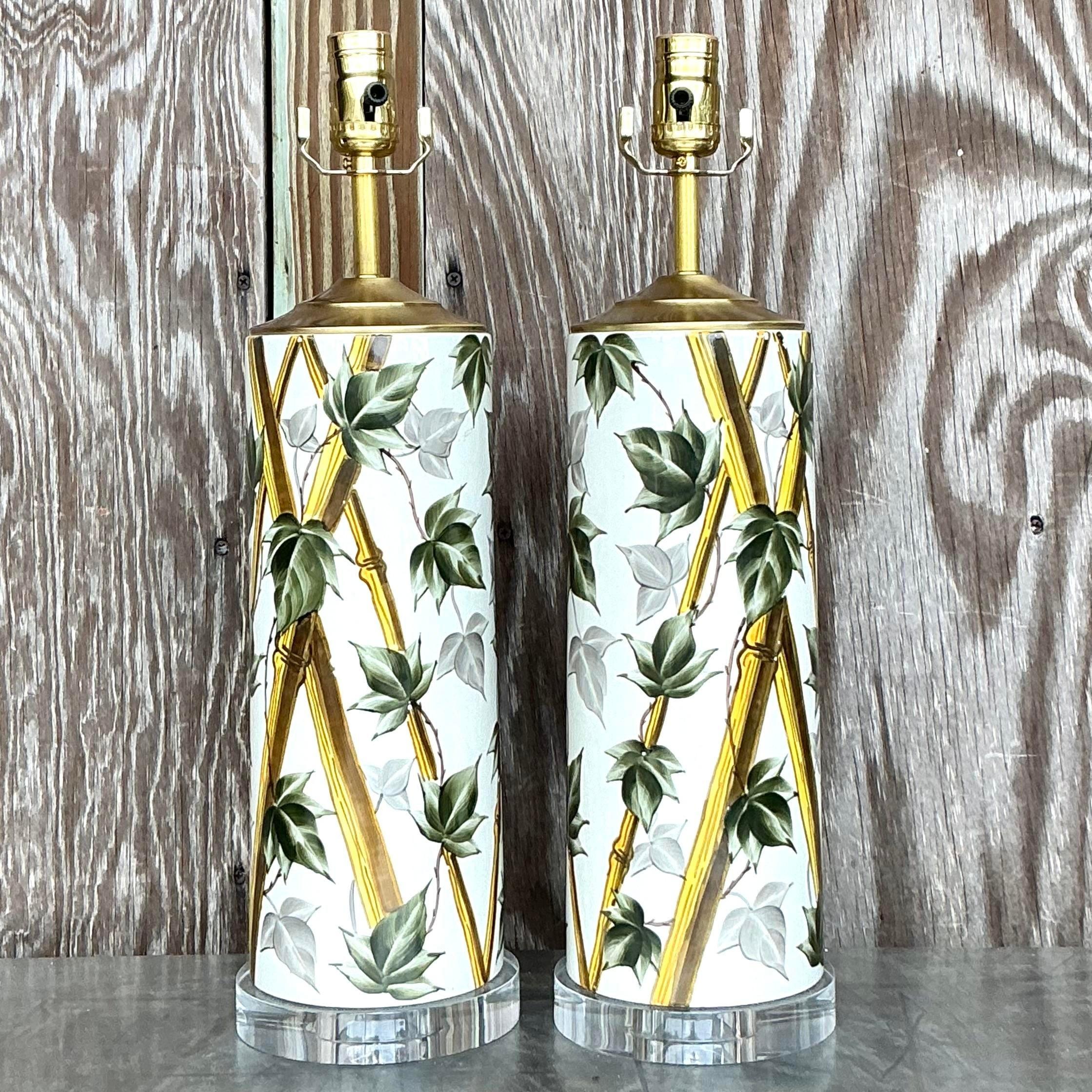 Vintage Coastal Bamboo Vine Glazed Ceramic Lamps - a Pair In Good Condition For Sale In west palm beach, FL