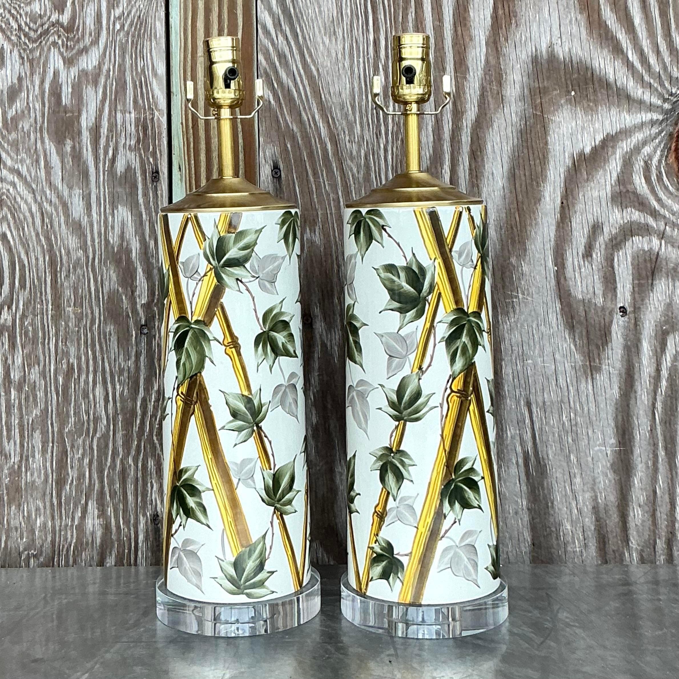 Metal Vintage Coastal Bamboo Vine Glazed Ceramic Lamps - a Pair For Sale
