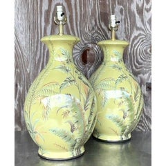Vintage Coastal Banana Leaf Glazed Ceramic Lamps - a Pair
