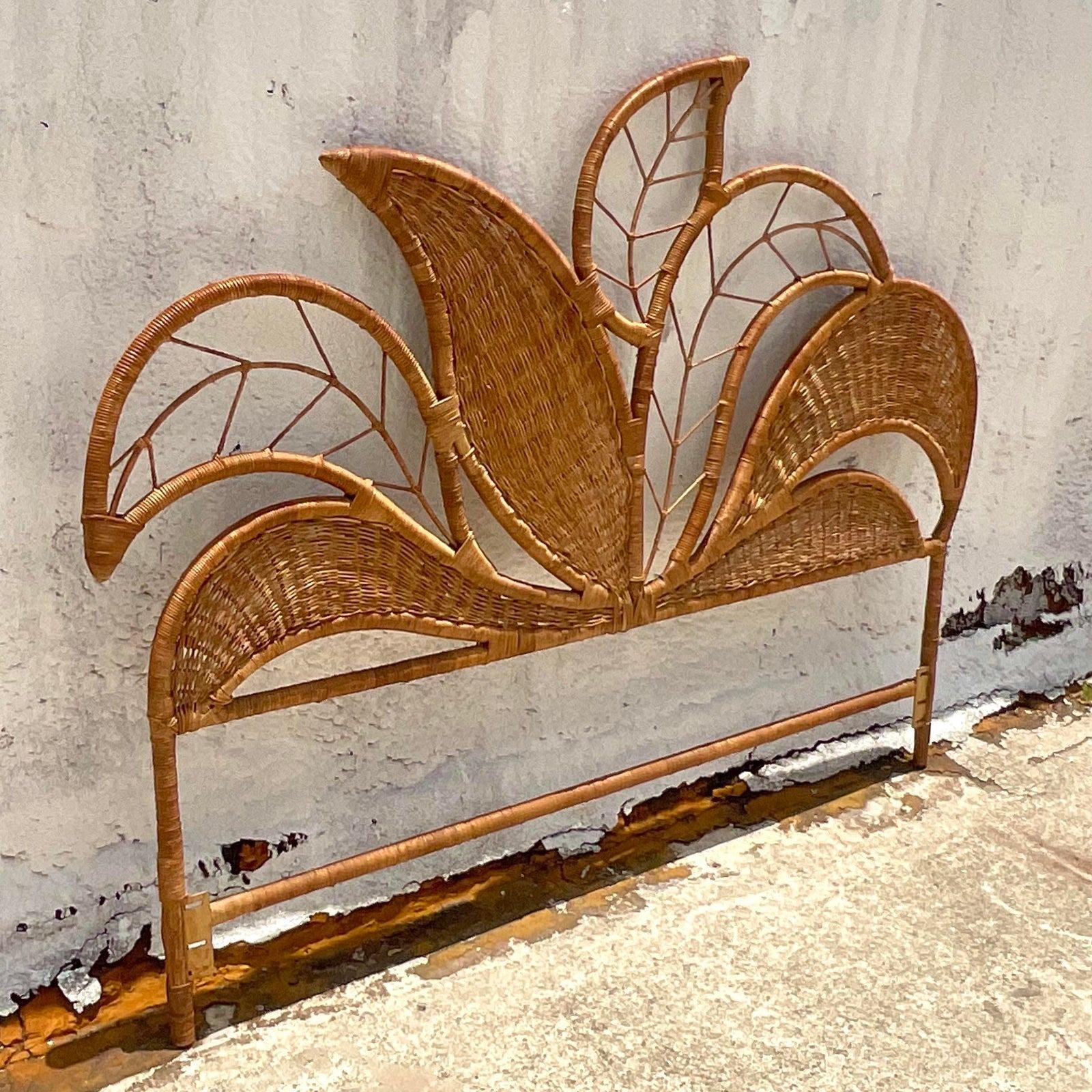 Vintage Coastal Banana Leaves Wrapped Rattan Queen Headboard In Good Condition In west palm beach, FL