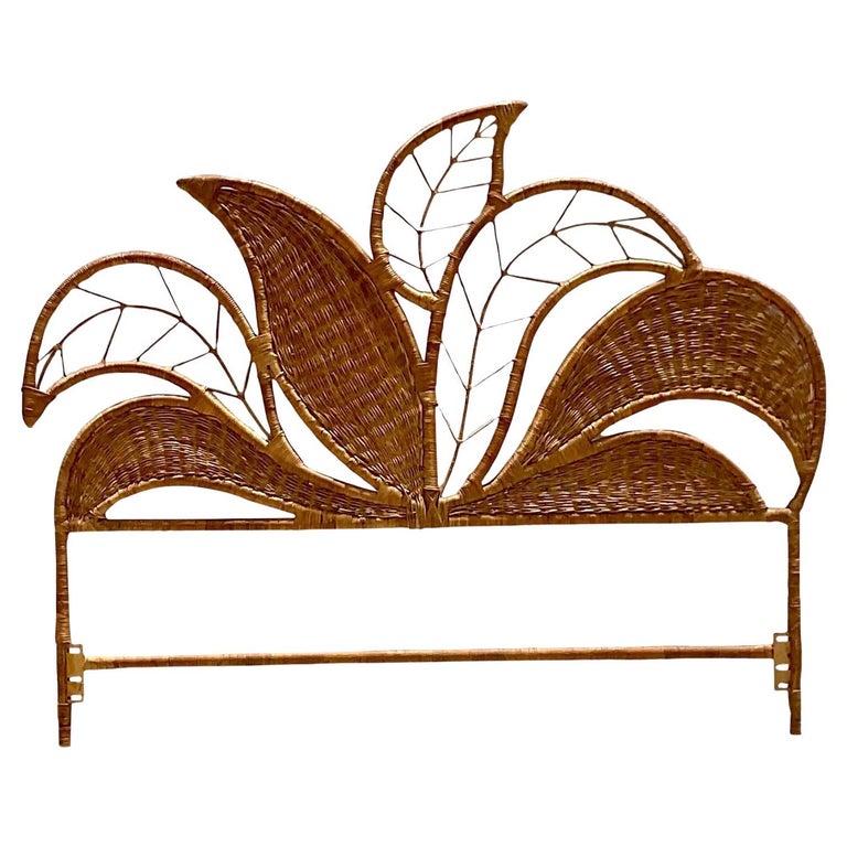 Vintage Coastal Banana Leaves Wrapped Rattan Queen Headboard For Sale