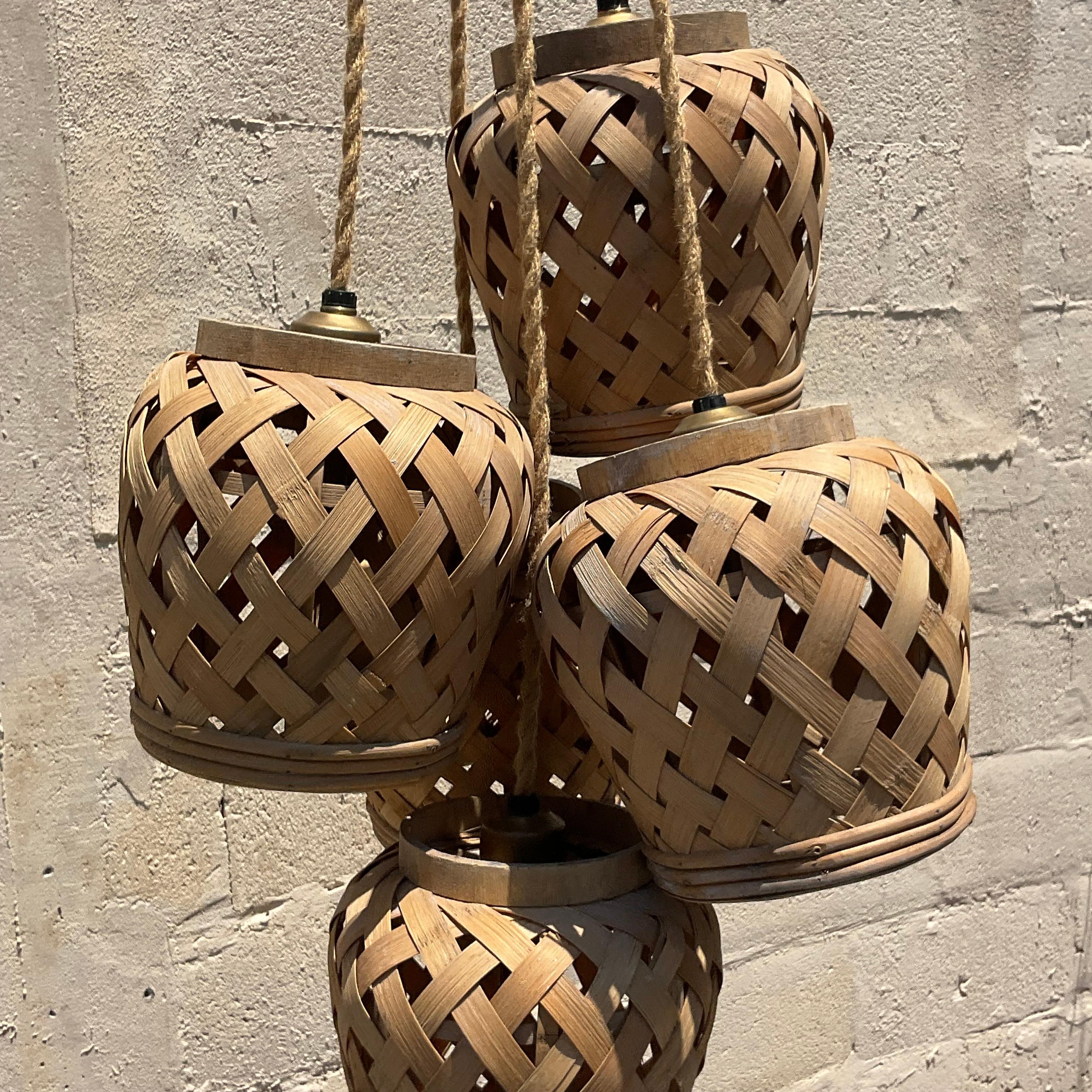 Vintage Coastal Basket Cluster Chandelier In Good Condition For Sale In west palm beach, FL