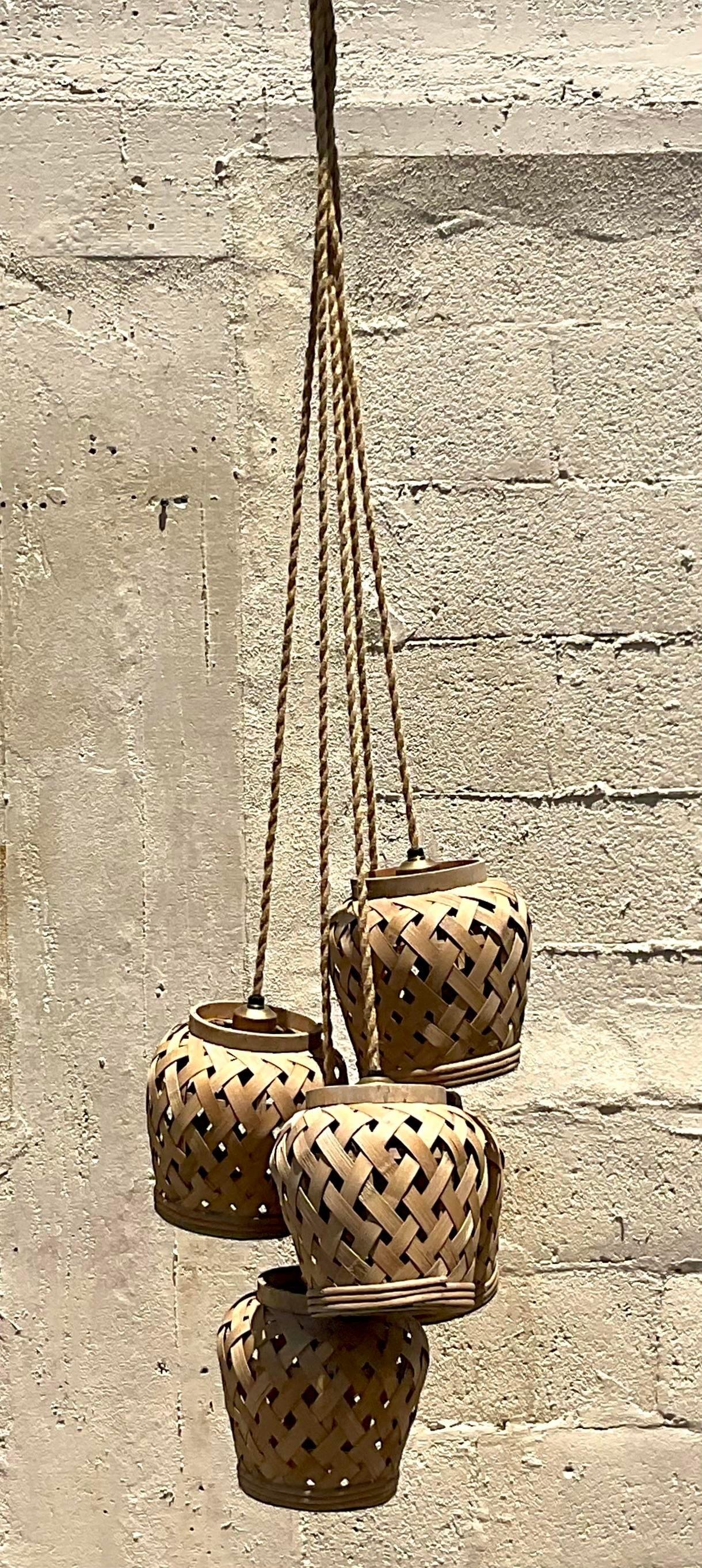 Jute Vintage Coastal Basket Cluster Chandelier For Sale