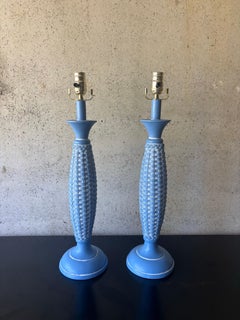 Vintage Coastal Basket Weave Blue Table Lamps Pair Palm Beach Mid-Century