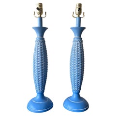 Vintage Coastal Basket Weave Blue Table Lamps Pair Palm Beach Mid-Century