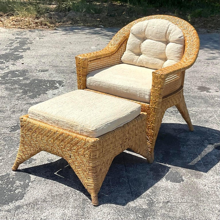 Vintage Coastal Basket Weave Lounge Chair and Ottoman For Sale at 1stDibs