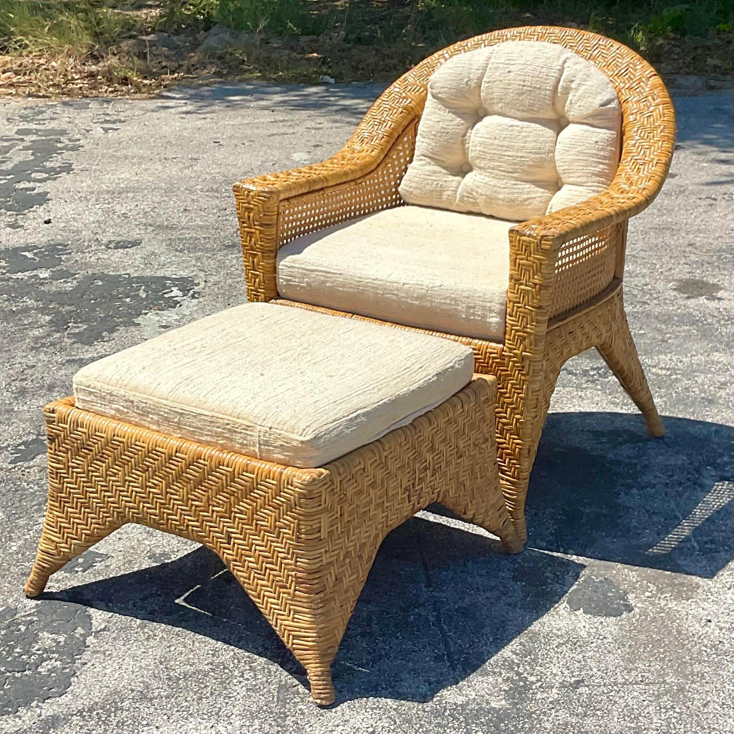 American Vintage Coastal Basket Weave Lounge Chair and Ottoman For Sale