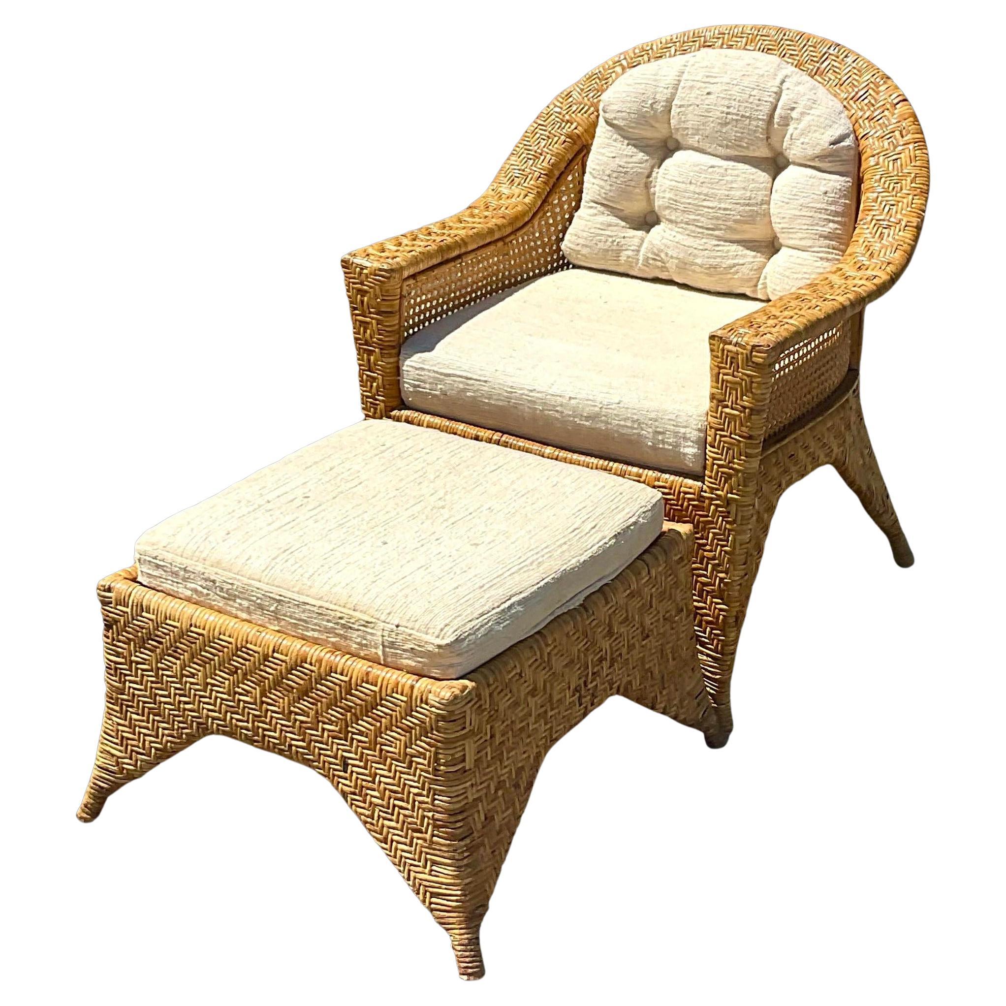 Vintage Coastal Basket Weave Lounge Chair and Ottoman For Sale