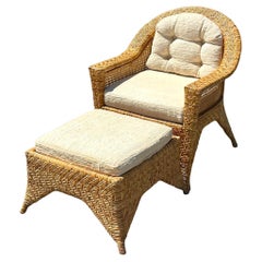 Vintage Coastal Basket Weave Lounge Chair und Ottoman