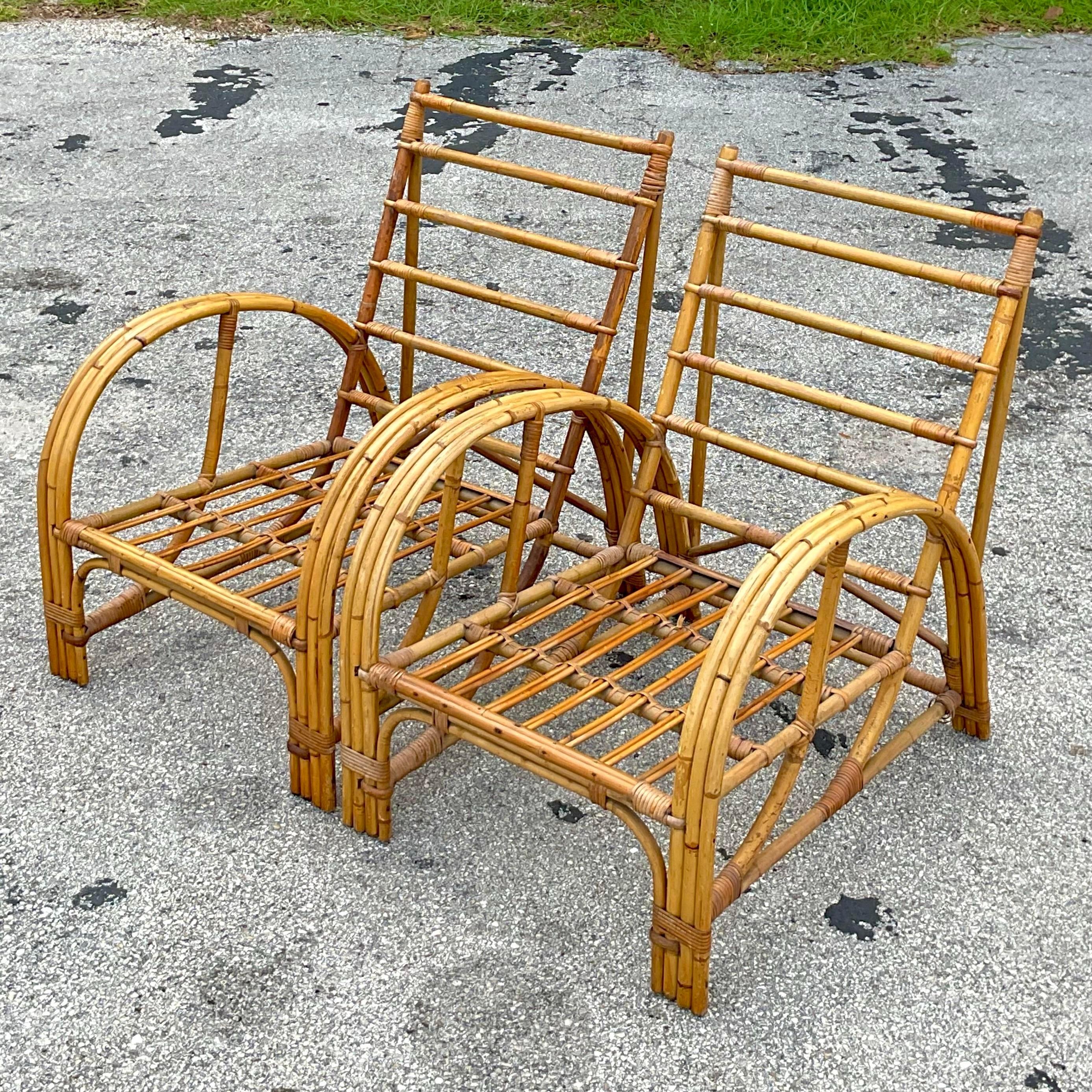 American Vintage Coastal Bent Bamboo Arch Lounge Chairs - a Pair For Sale