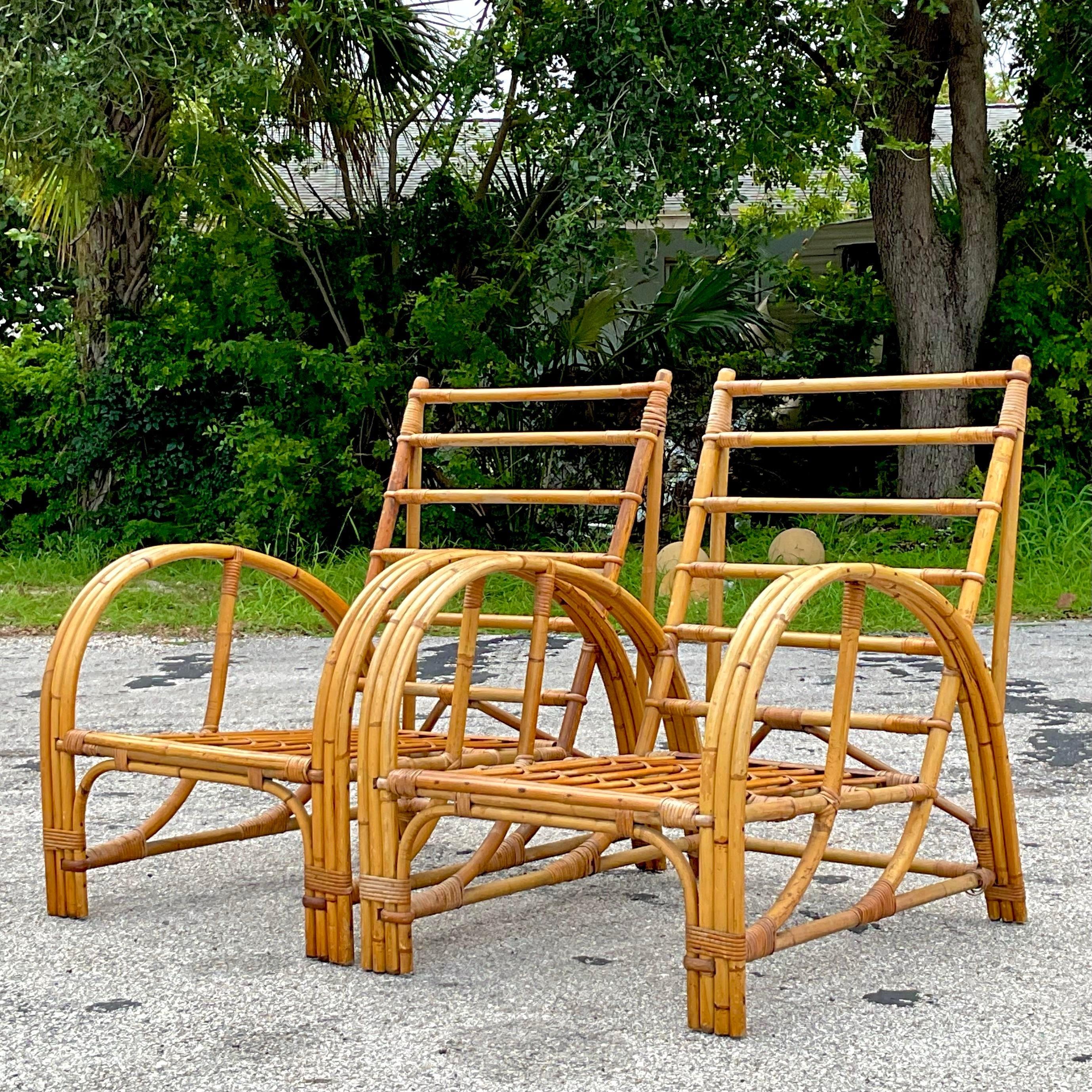 Vintage Coastal Bent Bamboo Arch Lounge Chairs - a Pair In Good Condition For Sale In west palm beach, FL